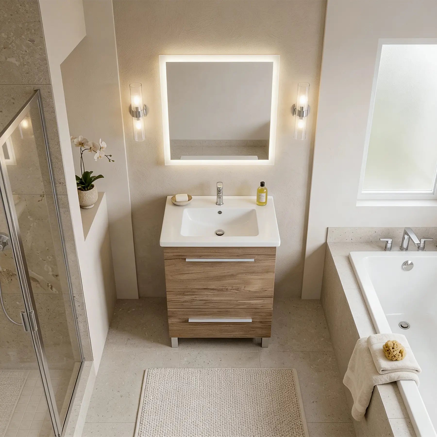 Modern bathroom with wooden vanity, illuminated mirror, and bathtub.