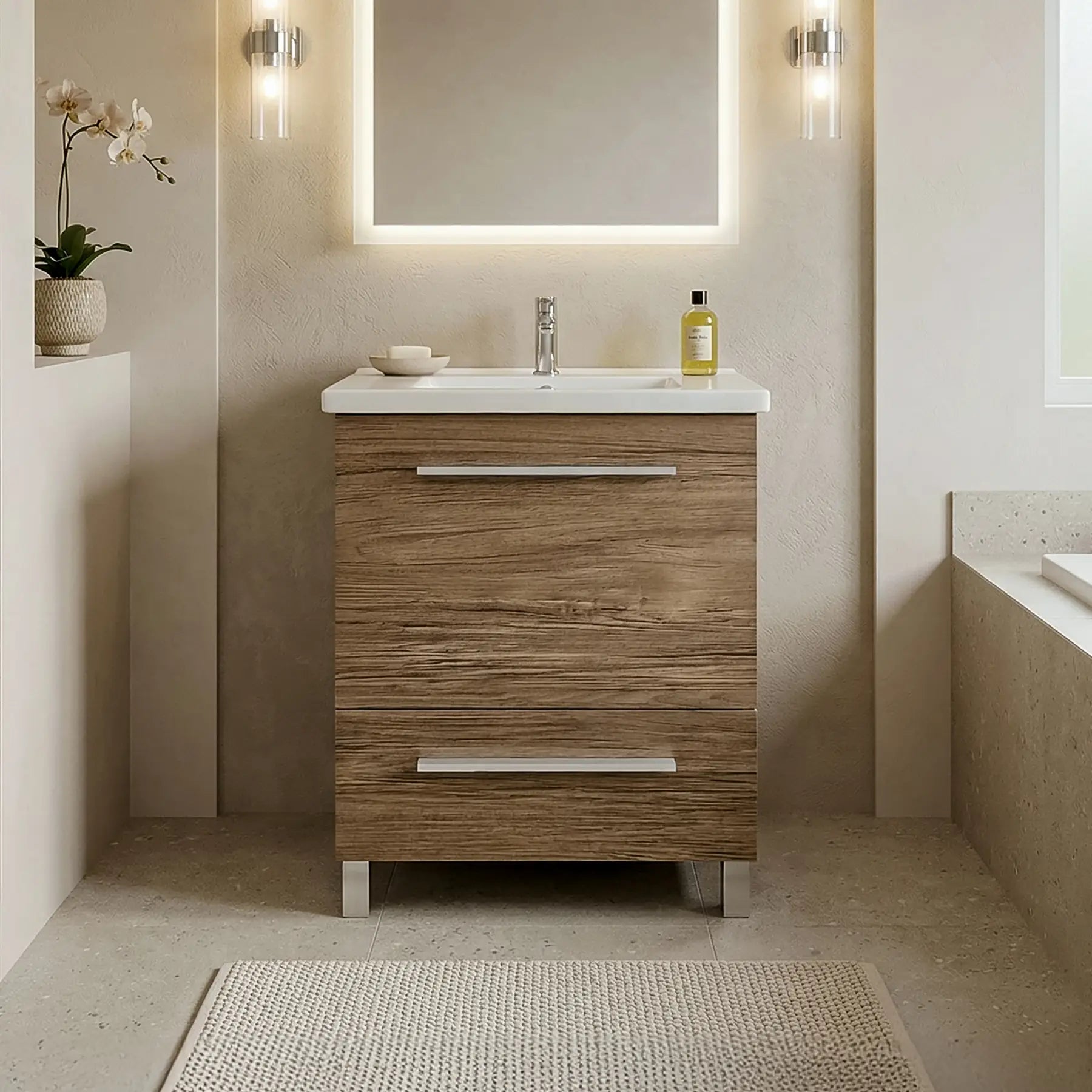 Bathroom vanity with wooden cabinet, sink, and decorative elements.