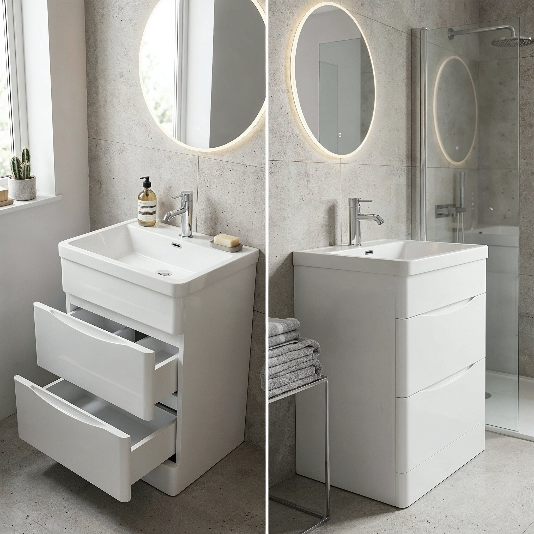 Bathroom vanity with sink and drawers in a modern bathroom setting.