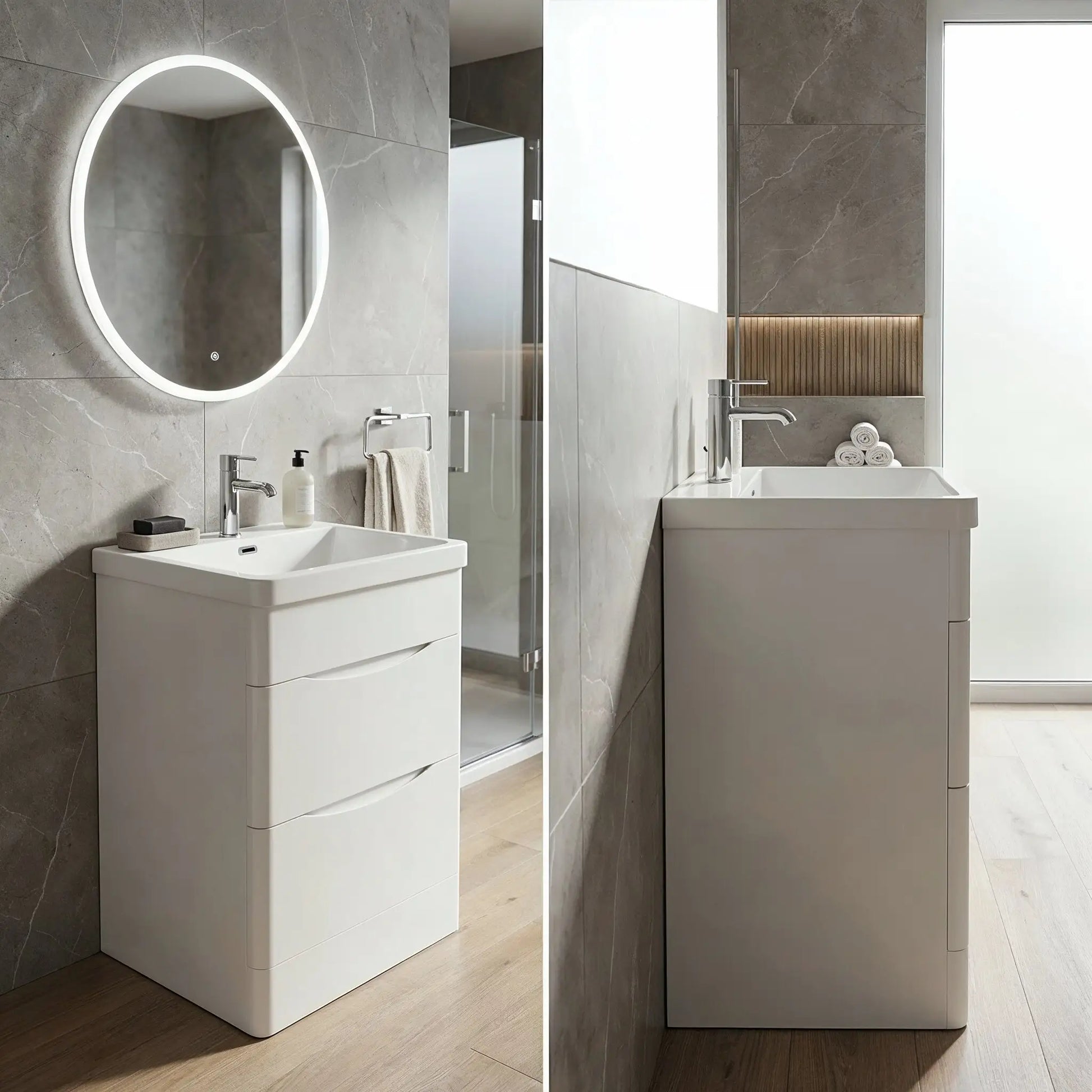 Bathroom white 24 inch vanity with sink and mirror in a modern bathroom setting