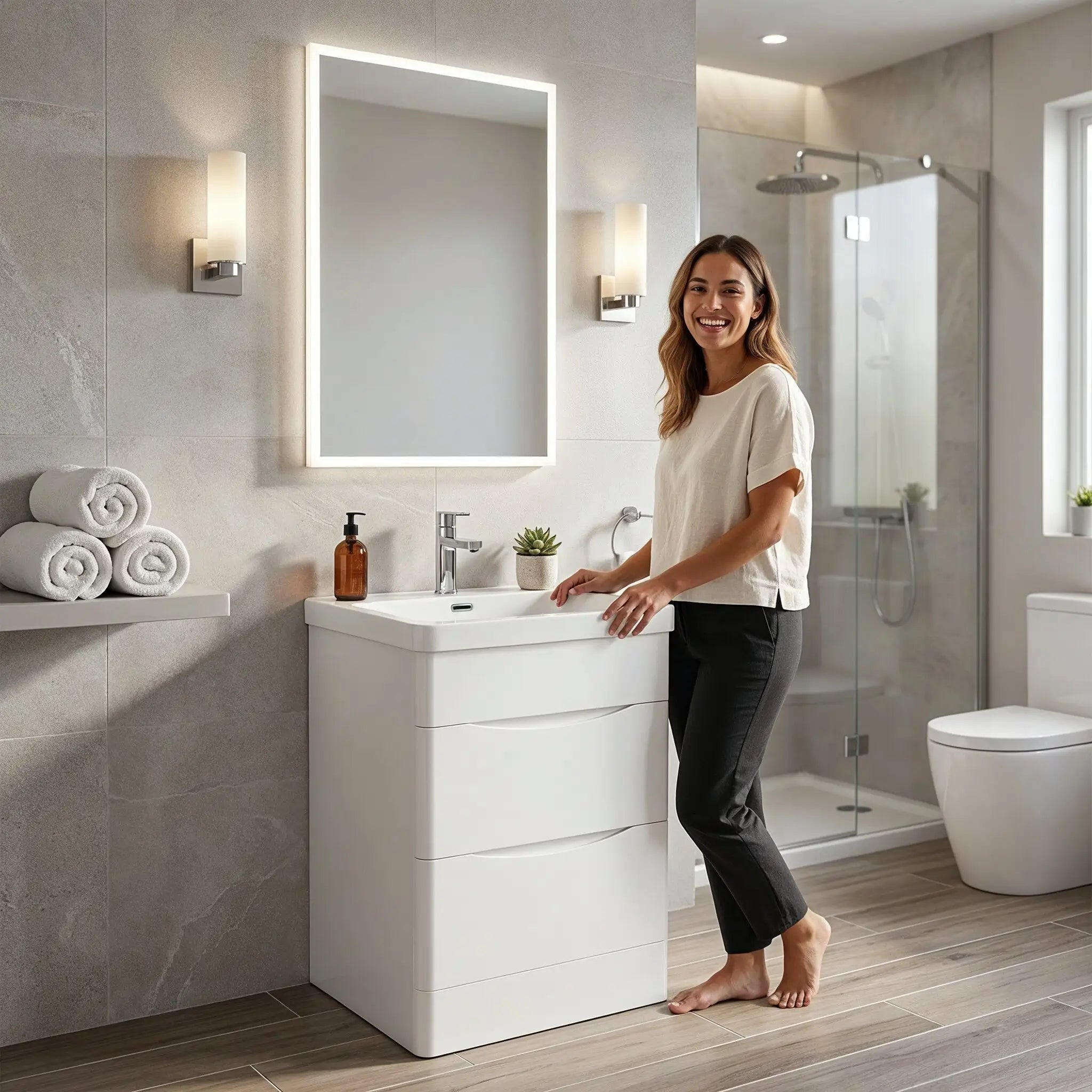 Bathroom white 24 inch vanity with sink and mirror in a modern bathroom setting