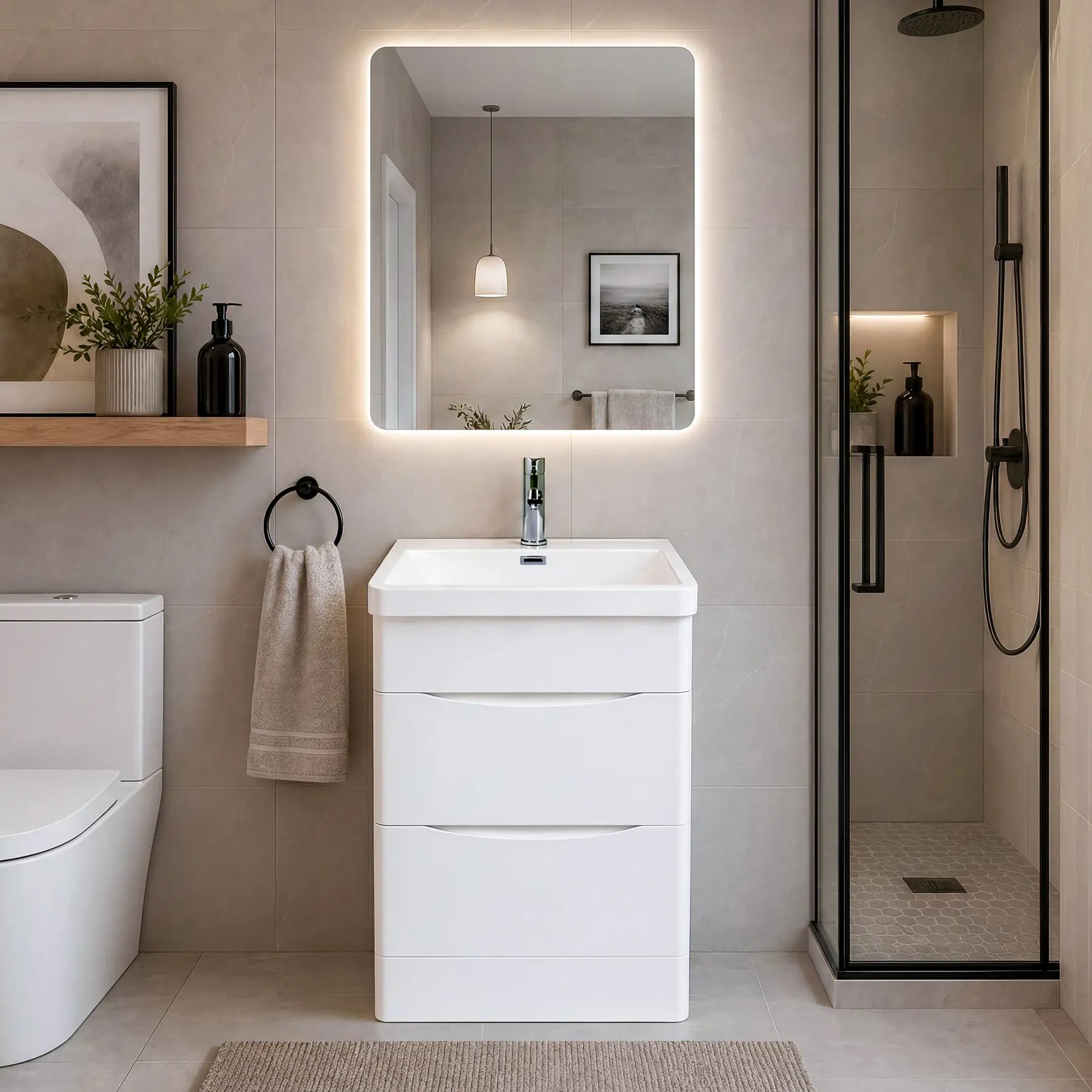 Bathroom white 24 inch vanity with sink and mirror in a modern bathroom setting