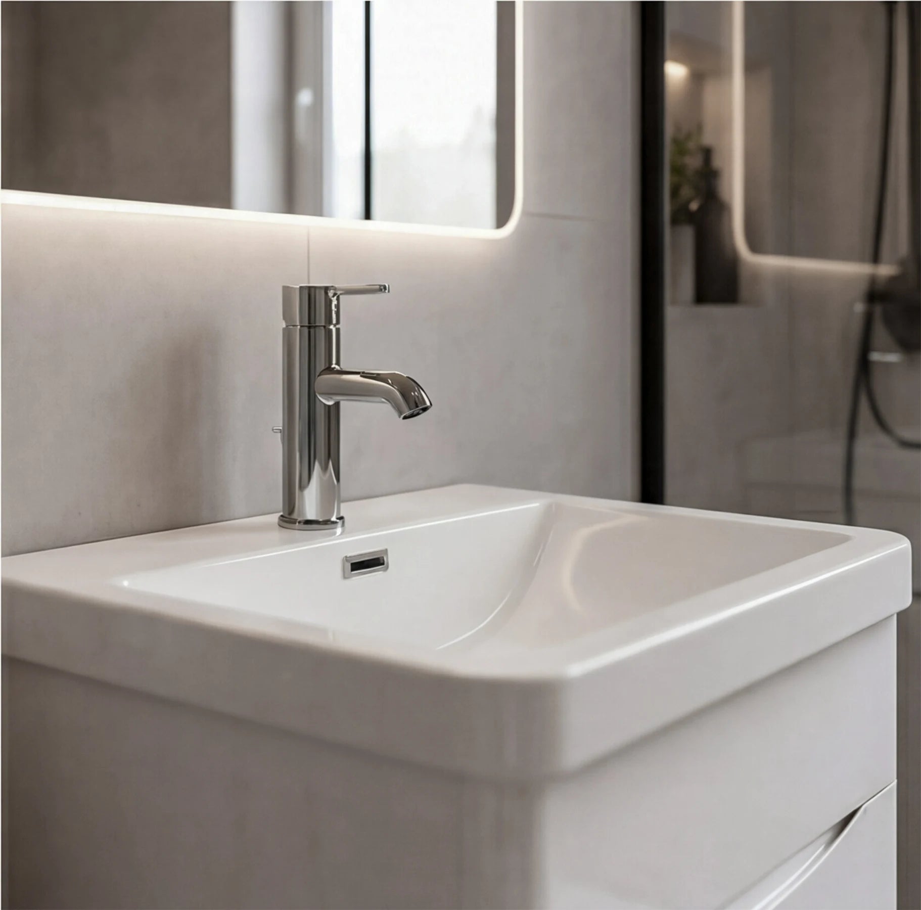 Bathroom sink with chrome faucet and illuminated mirror