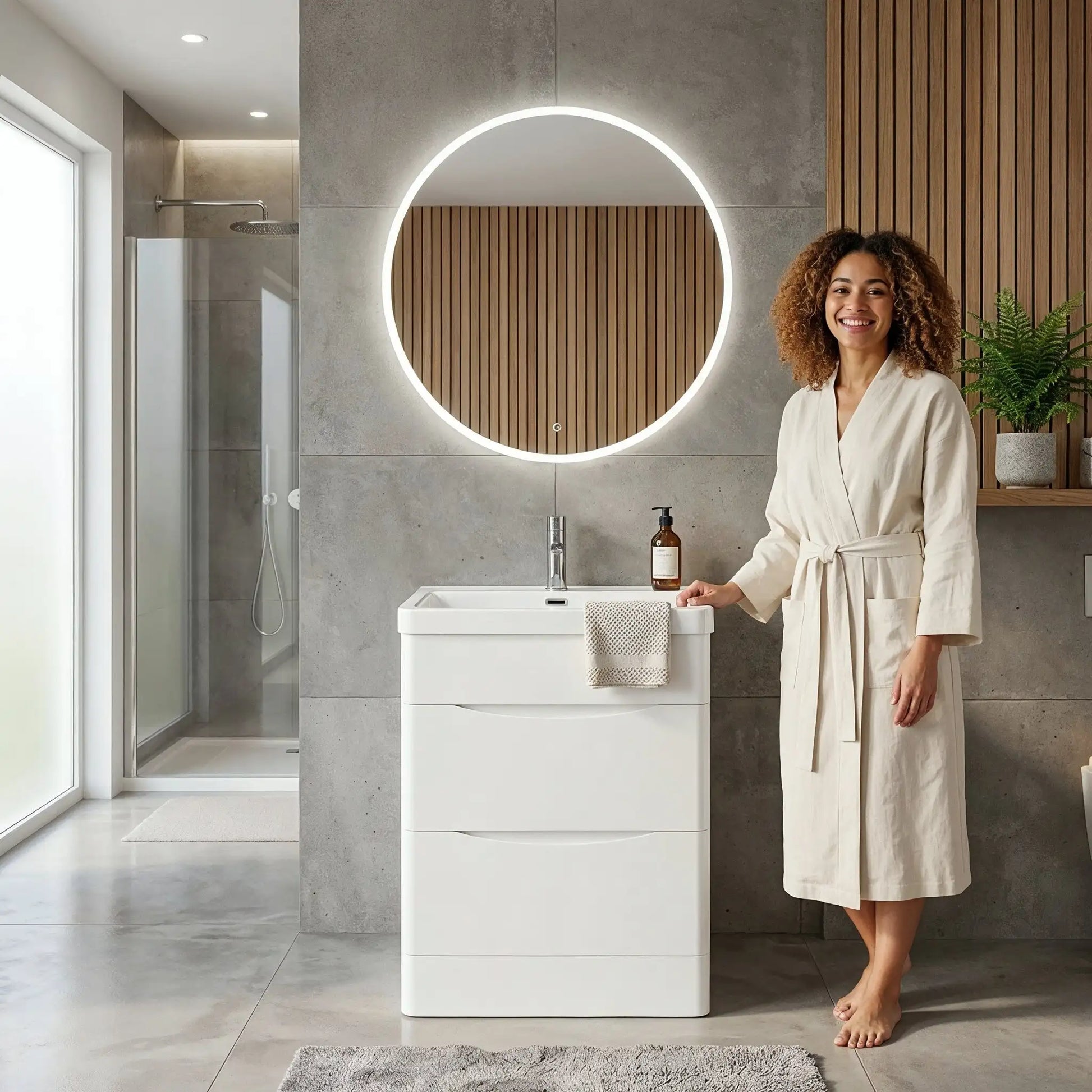 Woman in a bathrobe standing in a modern bathroom with a round illuminated mirror.