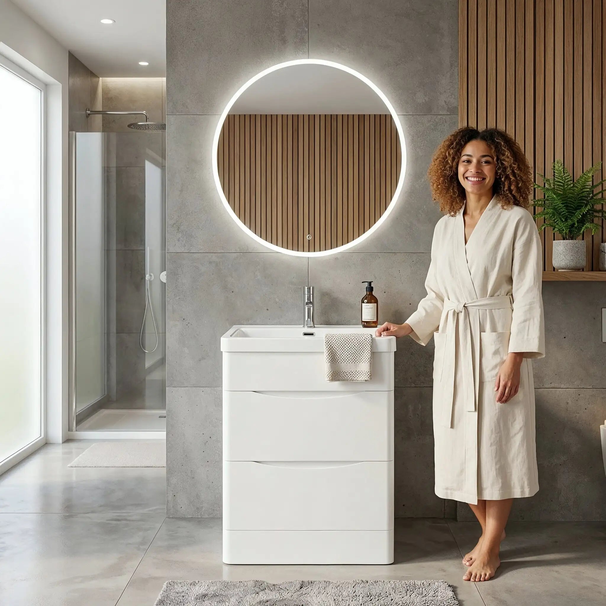 Woman in a bathrobe standing in a modern bathroom with a round illuminated mirror.