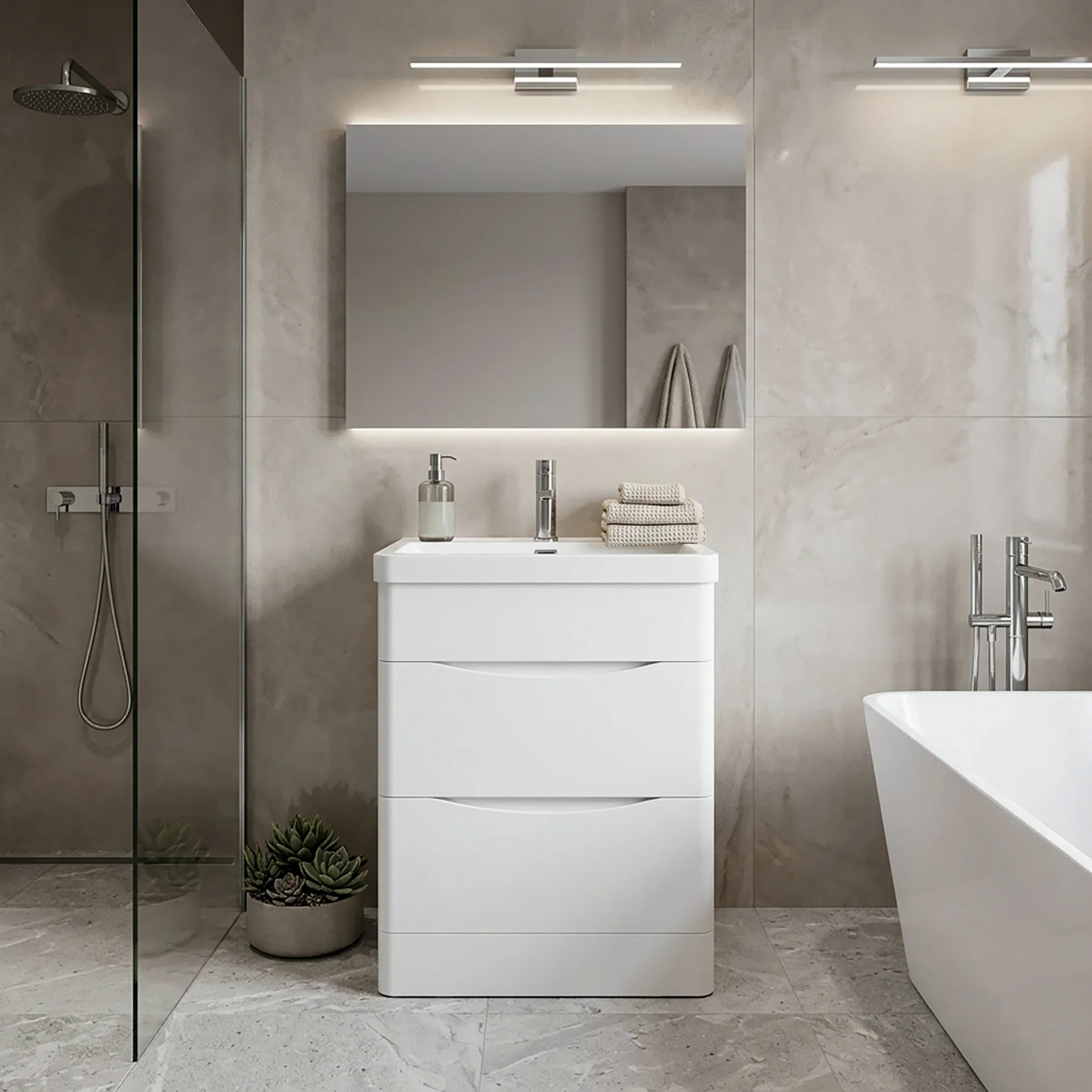 Modern bathroom with a white vanity unit, mirror, and bathtub.