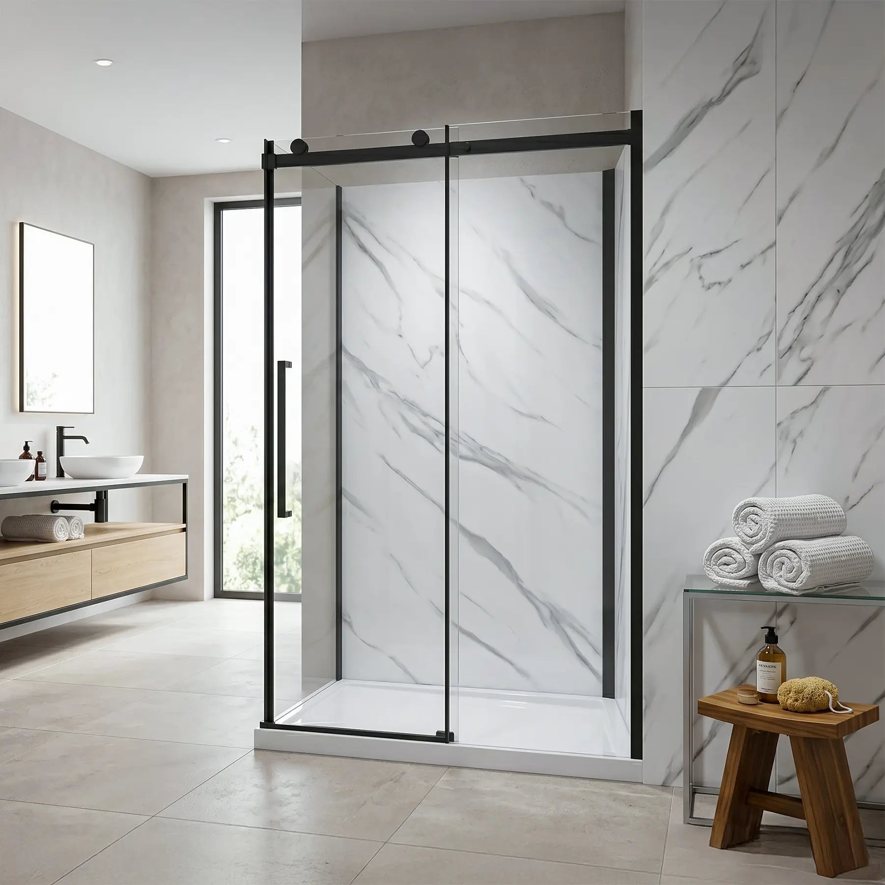 Modern bathroom with a glass shower enclosure, marble walls, and wooden stool.