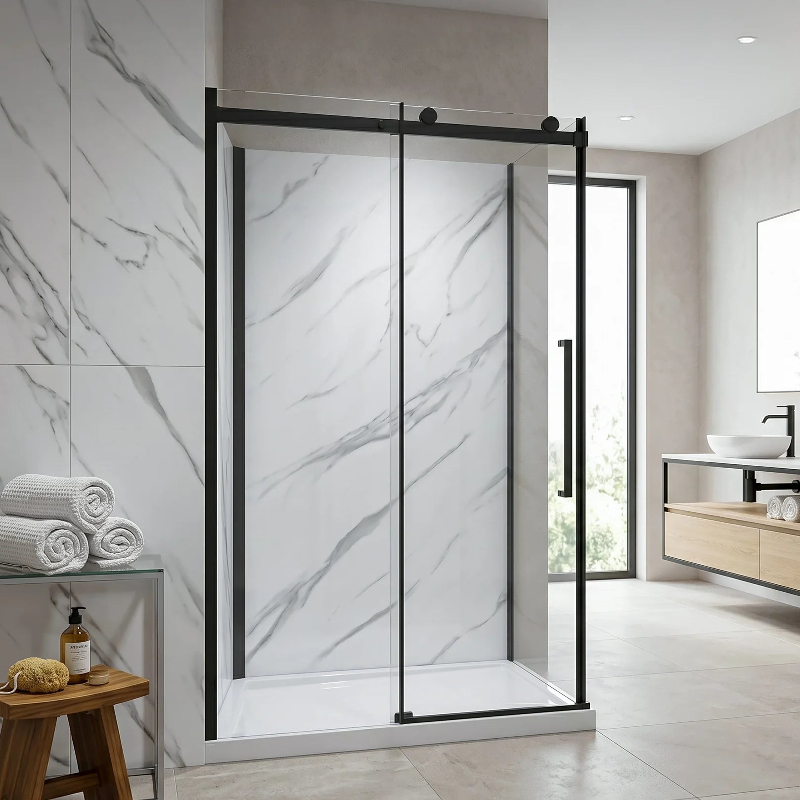 Modern bathroom with a glass shower enclosure, marble walls, and wooden shelves.