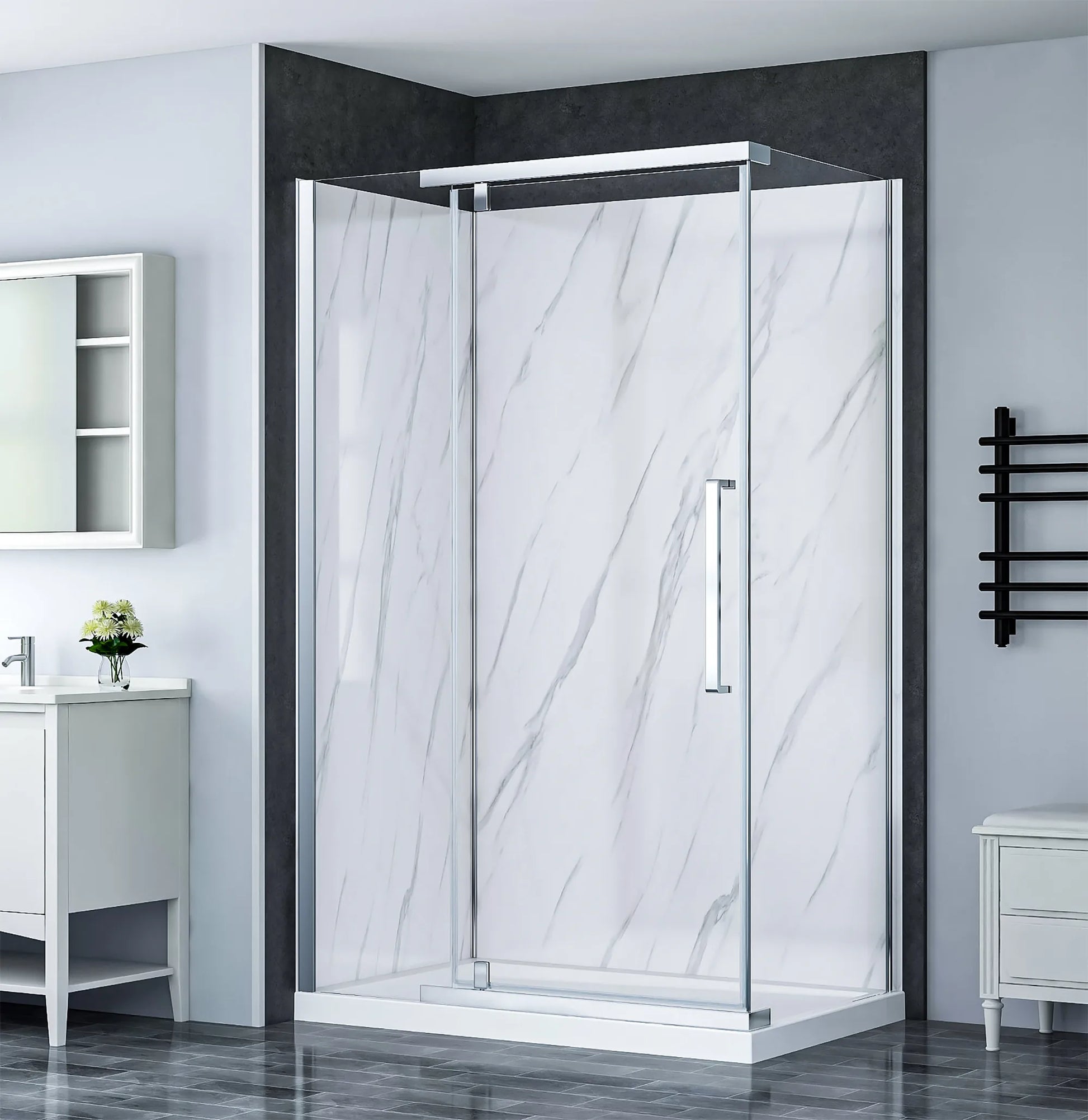 Modern Dreamwerks bathroom with a glass shower enclosure, white vanity, and black towel rack.