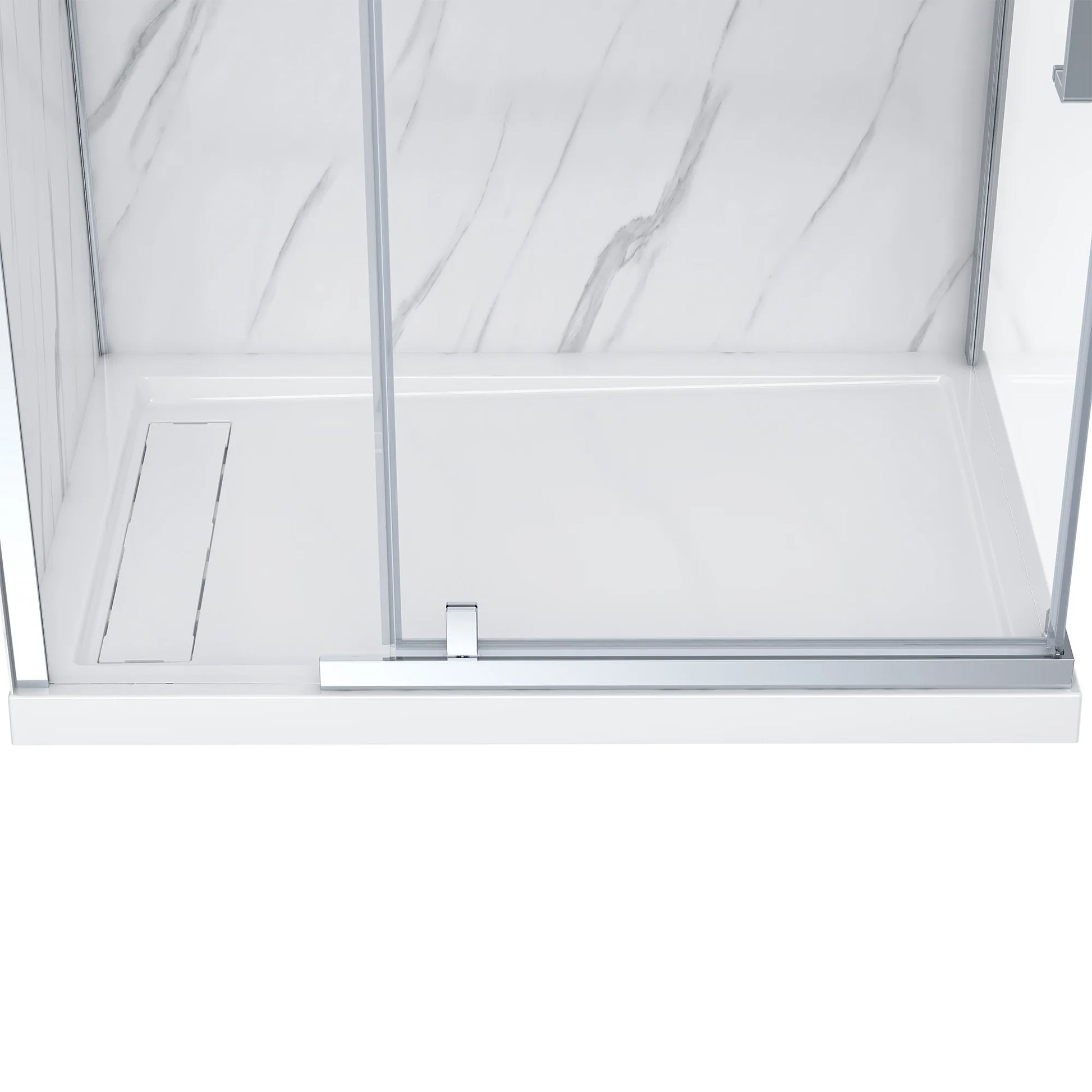 Glass shower enclosure with a sliding door on a white background