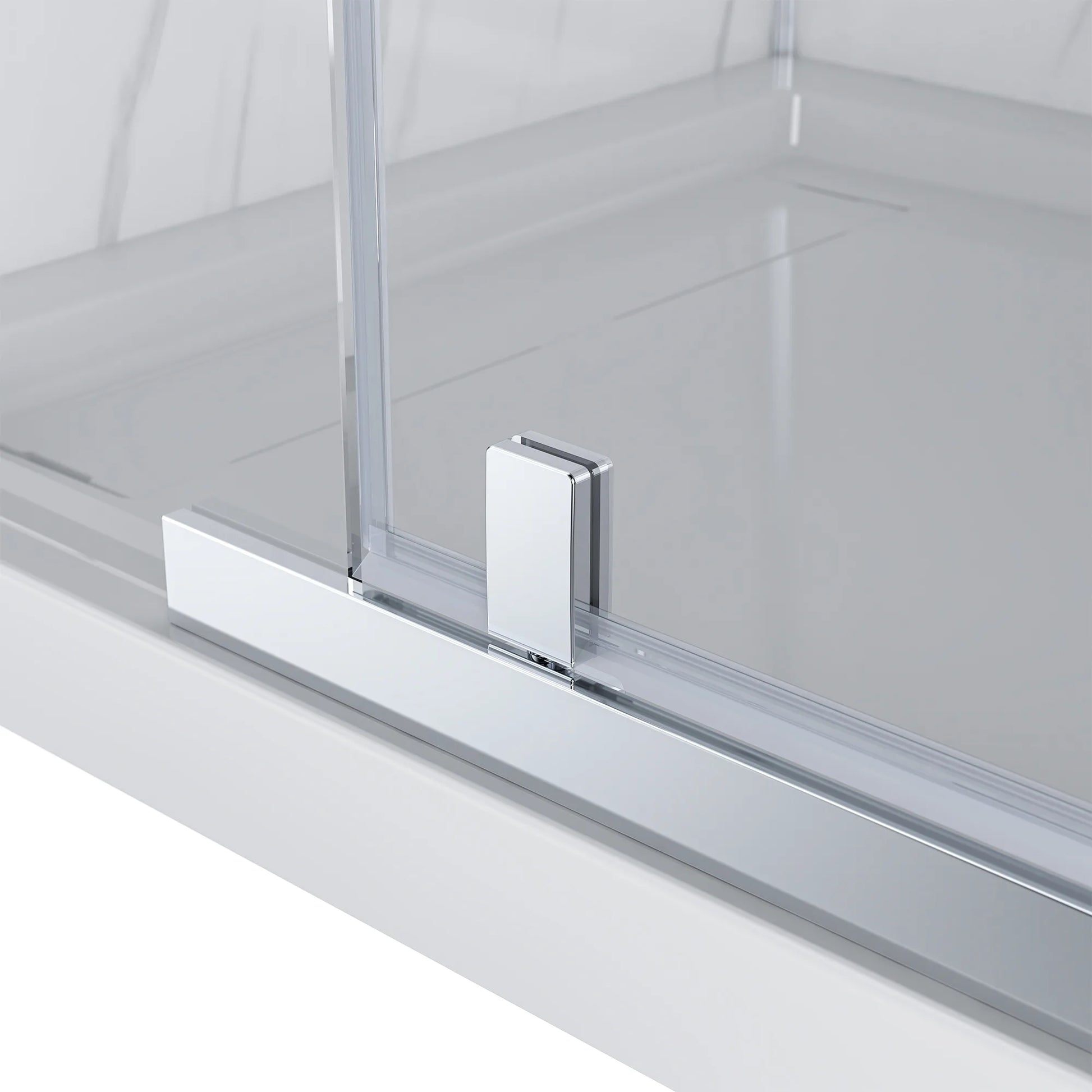 Close-up of a shower enclosure with a sliding door mechanism.