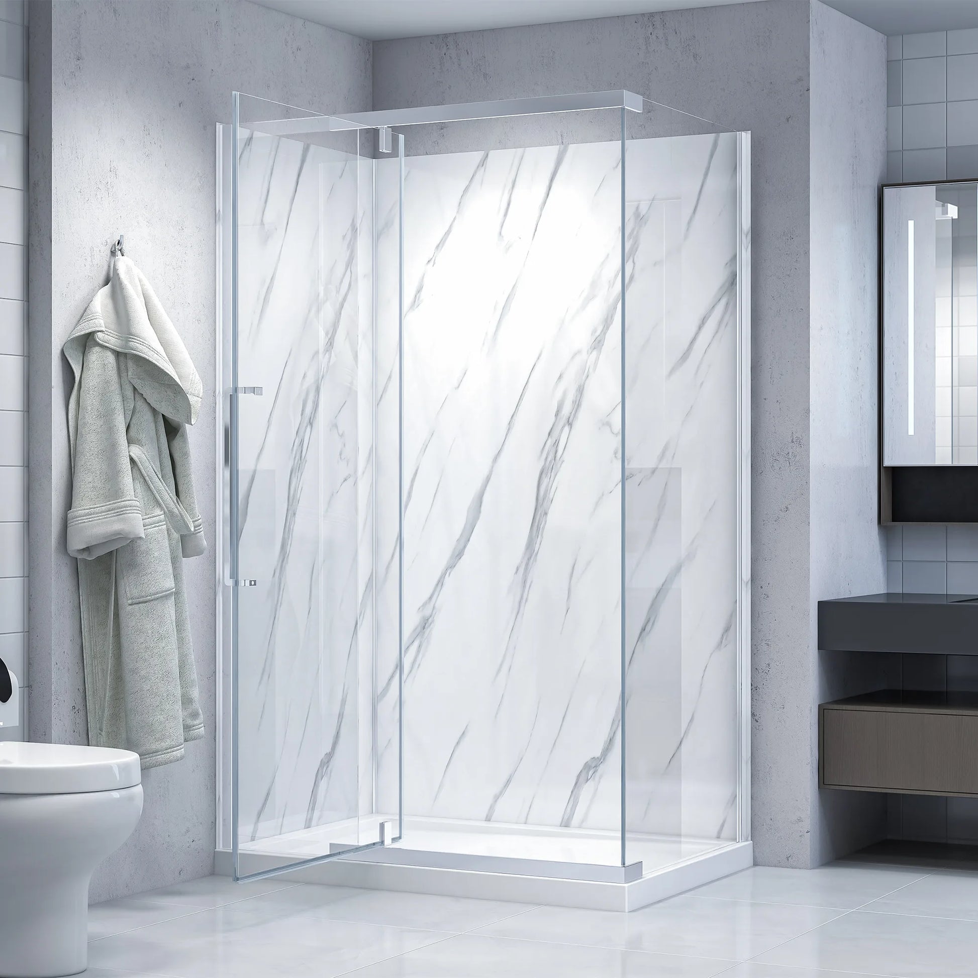 Modern bathroom with a glass shower enclosure and marble-patterned wall.