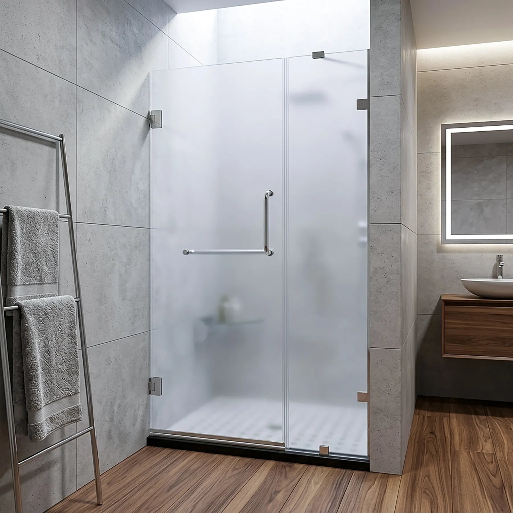 60 in. frosted glass frameless hinged shower door in chrome with handle and towel bar in a nice modern bathroom.