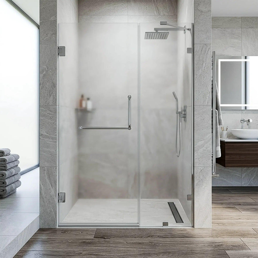 Dreamwerks - Shower Door - Dreamwerks 60 in. W x 79 in. H Frameless Hinged Shower Door Frosted in Chrome with Handle and Towel bar- BT218F