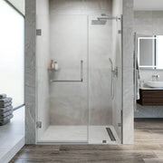 60 in. frosted glass frameless hinged shower door in chrome with handle and towel bar in a nice modern bathroom.
