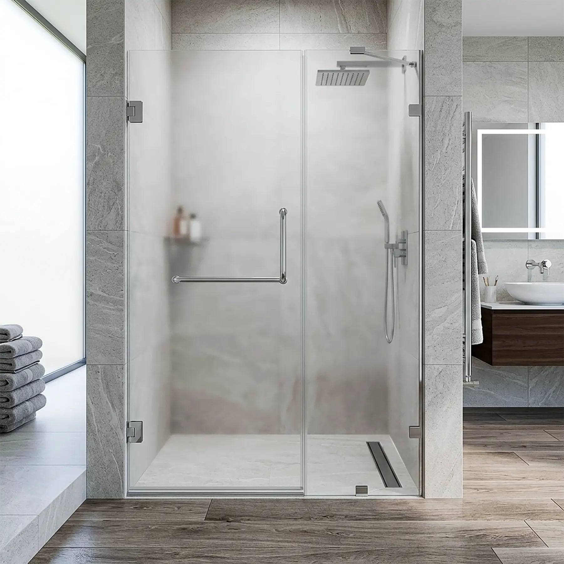 60 in. frosted glass frameless hinged shower door in chrome with handle and towel bar in a nice modern bathroom.