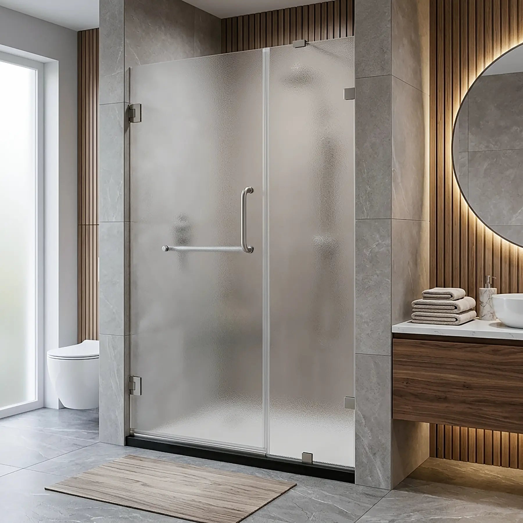 Modern bathroom with a glass shower enclosure, wooden vanity, and round mirror.