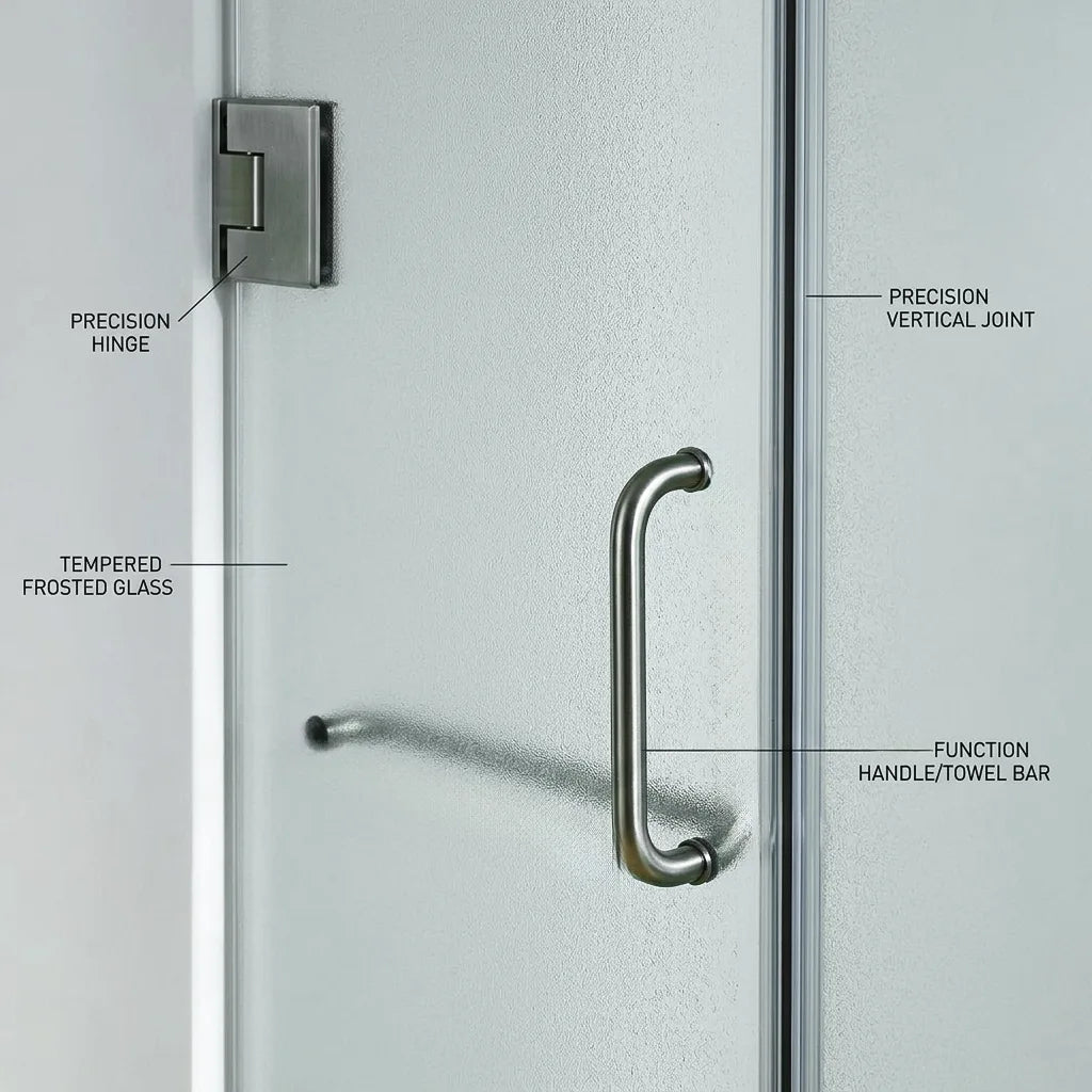 Glass shower door with labeled components on a white background