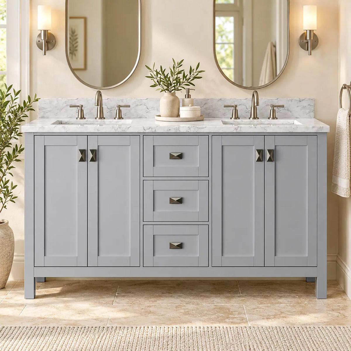 A double-sink bathroom vanity cabinet in light gray with a white marble countertop, shown in a bright, modern bathroom setting with mirrors, sconces, and plants.