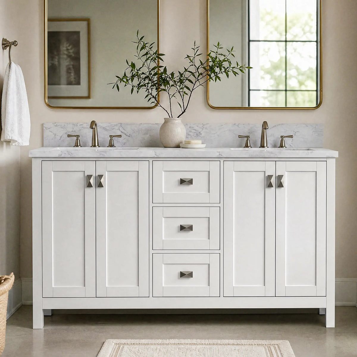 A white double-sink bathroom vanity with three drawers and paneled cabinet doors, set against a beige wall with a marble backsplash, gold-framed mirrors, and brass faucets.