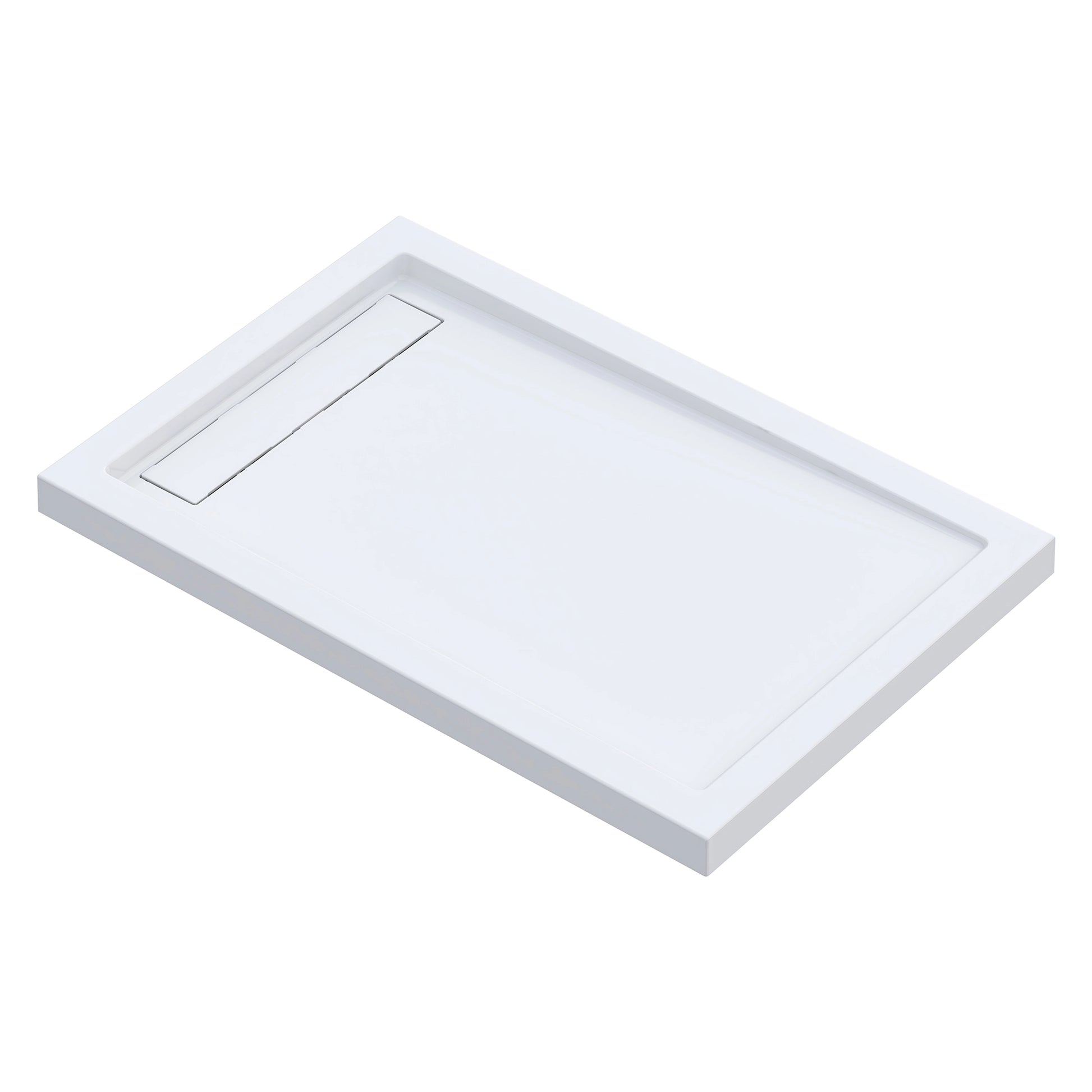Dreamwerks white rectangular base with a drain cover on a white background