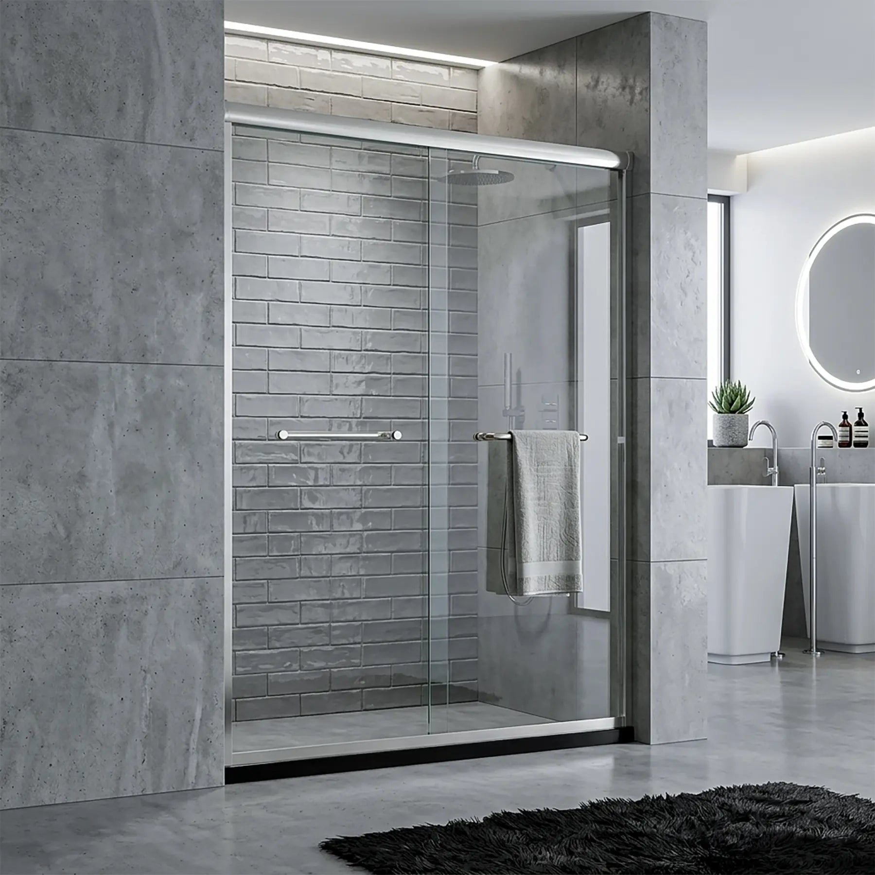 Modern bathroom with 60 inch sliding glass shower door and concrete walls