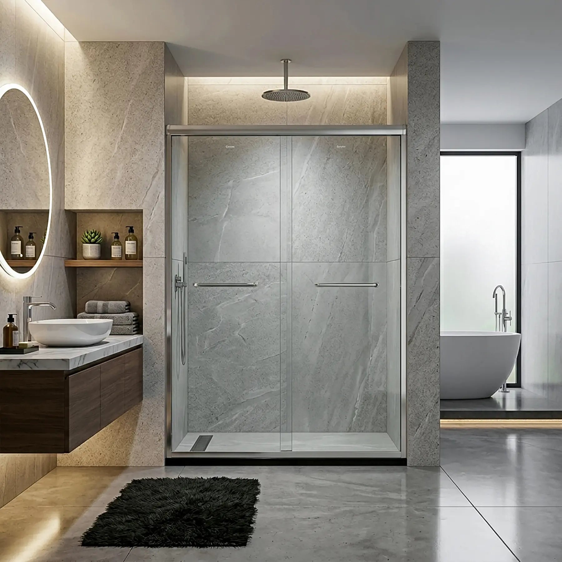 Modern bathroom with 60 inch sliding glass shower door and concrete walls