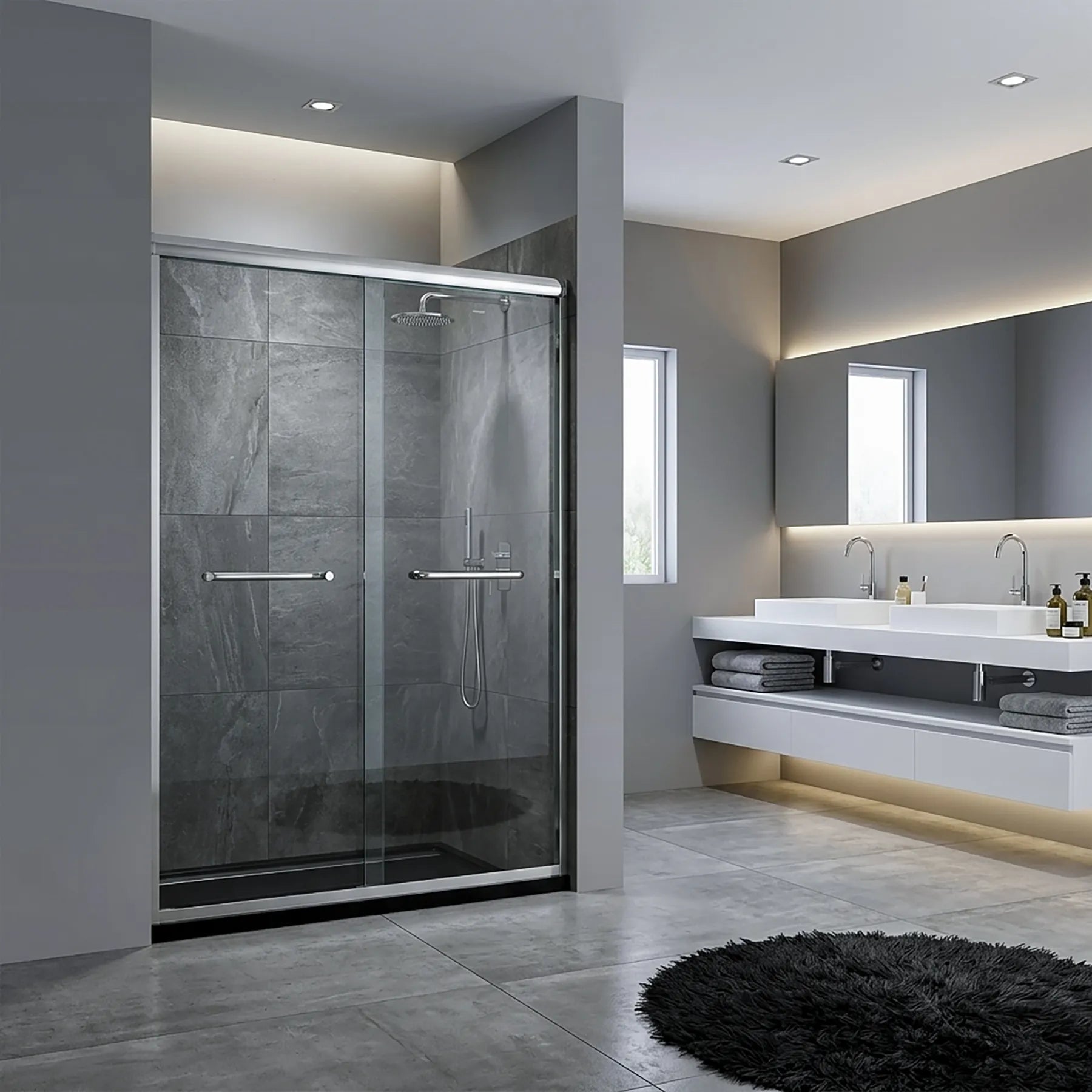 Modern bathroom with 60 inch sliding glass shower door and concrete walls