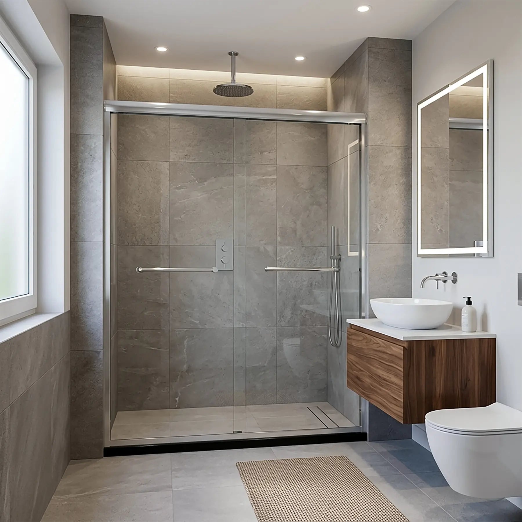 Modern bathroom with glass shower enclosure, wooden vanity, and toilet.