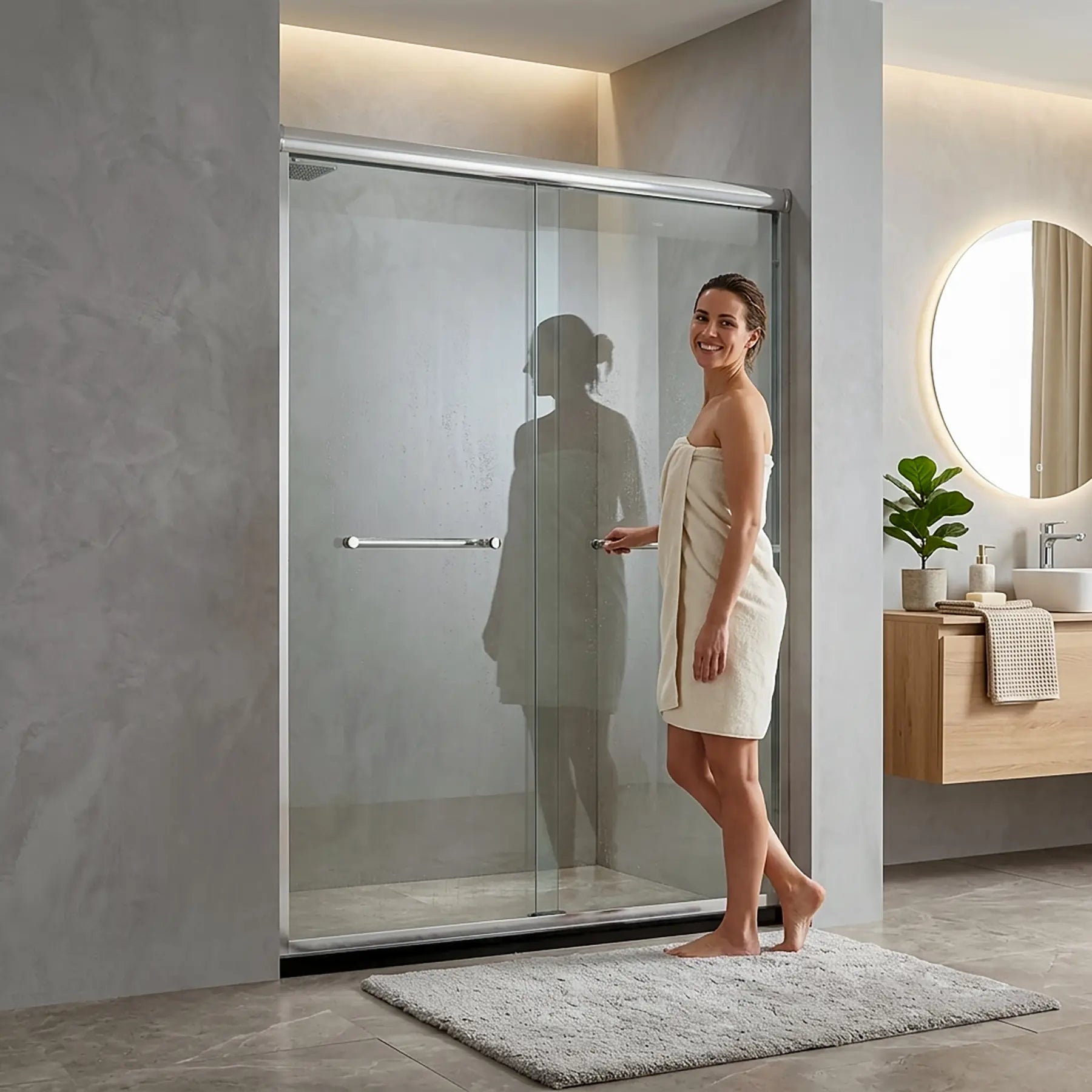 Woman standing in a modern bathroom with a glass shower sliding door.