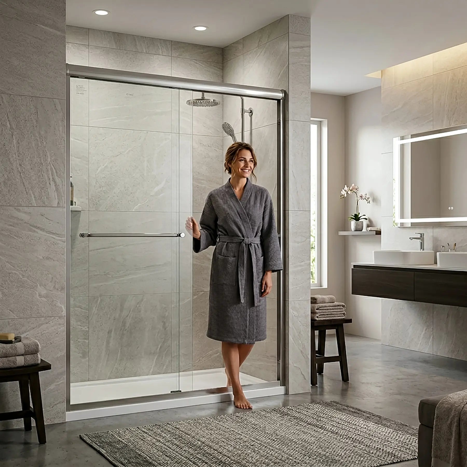 Woman in a gray robe standing in a modern bathroom with a glass shower enclosure.