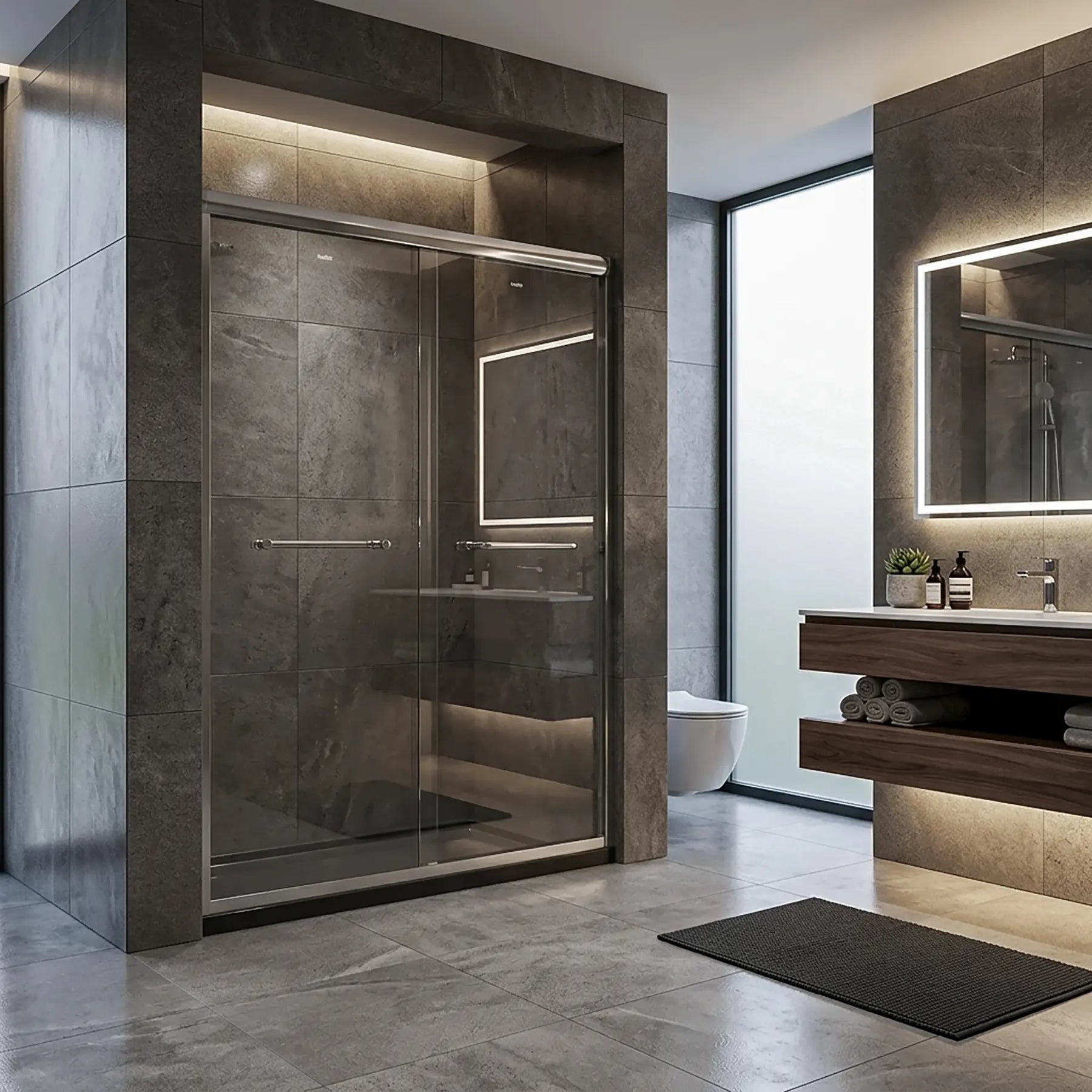Modern bathroom with 60 inch sliding glass shower door and concrete walls