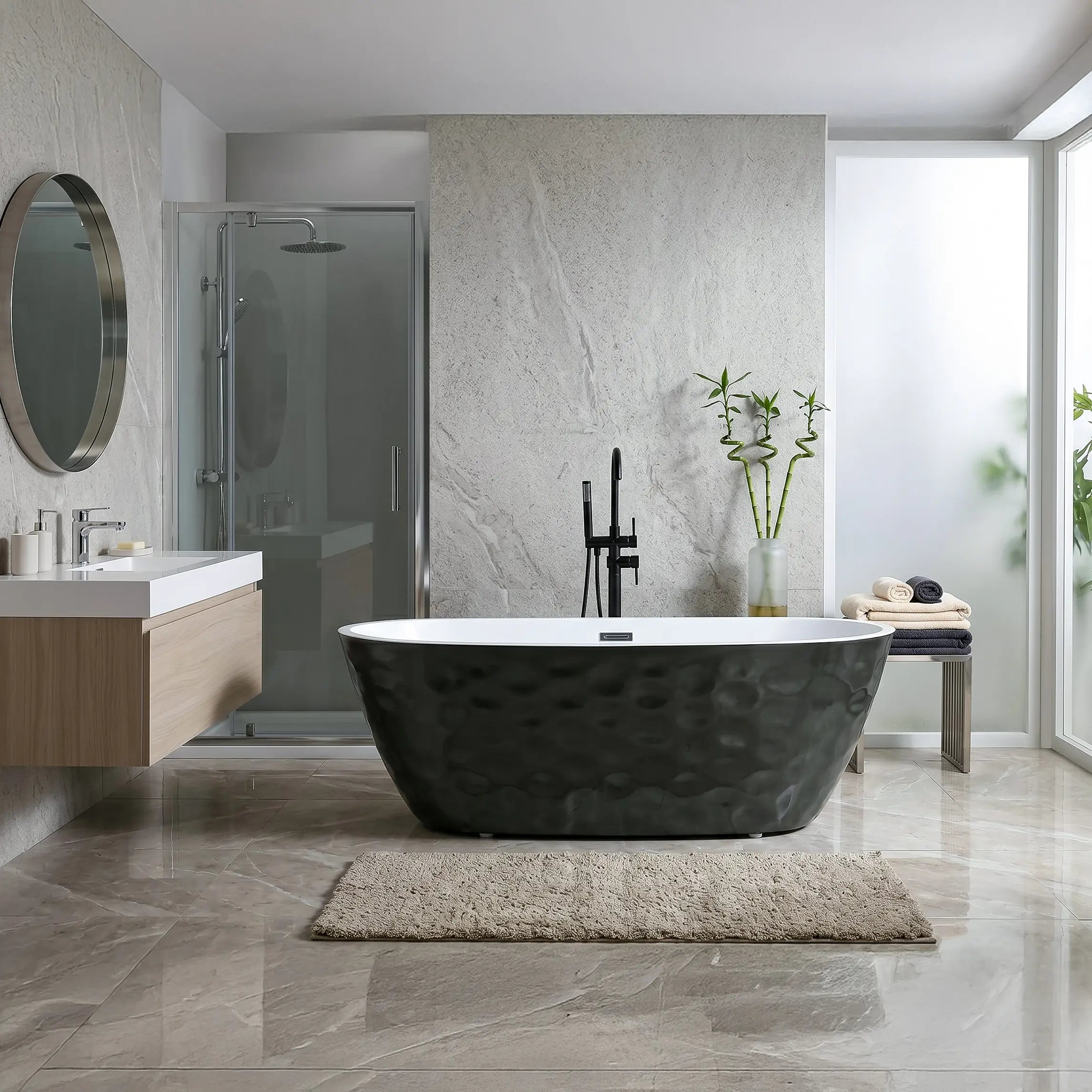 Modern bathroom with a black freestanding bathtub, wooden vanity, and marble walls.