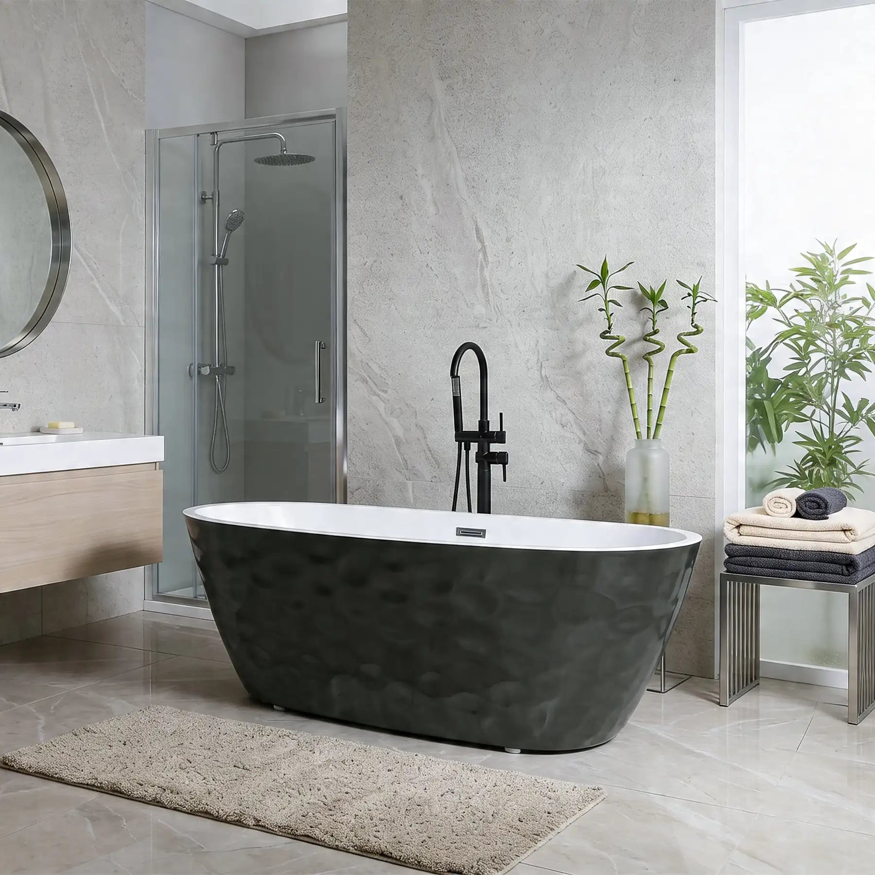 Modern bathroom with a freestanding bathtub, shower, and decorative elements.