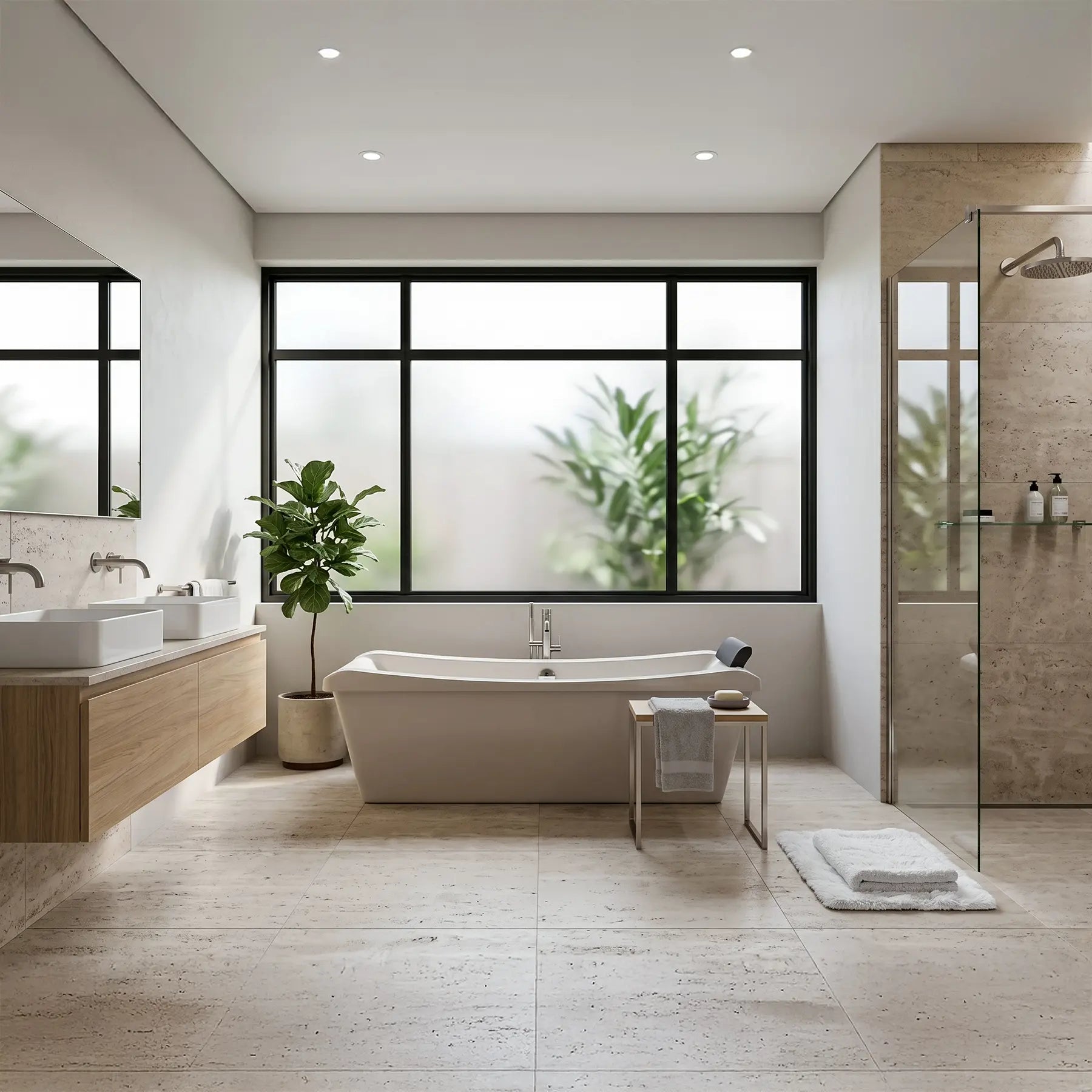 Modern bathroom with a freestanding bathtub, sink, and shower area.
