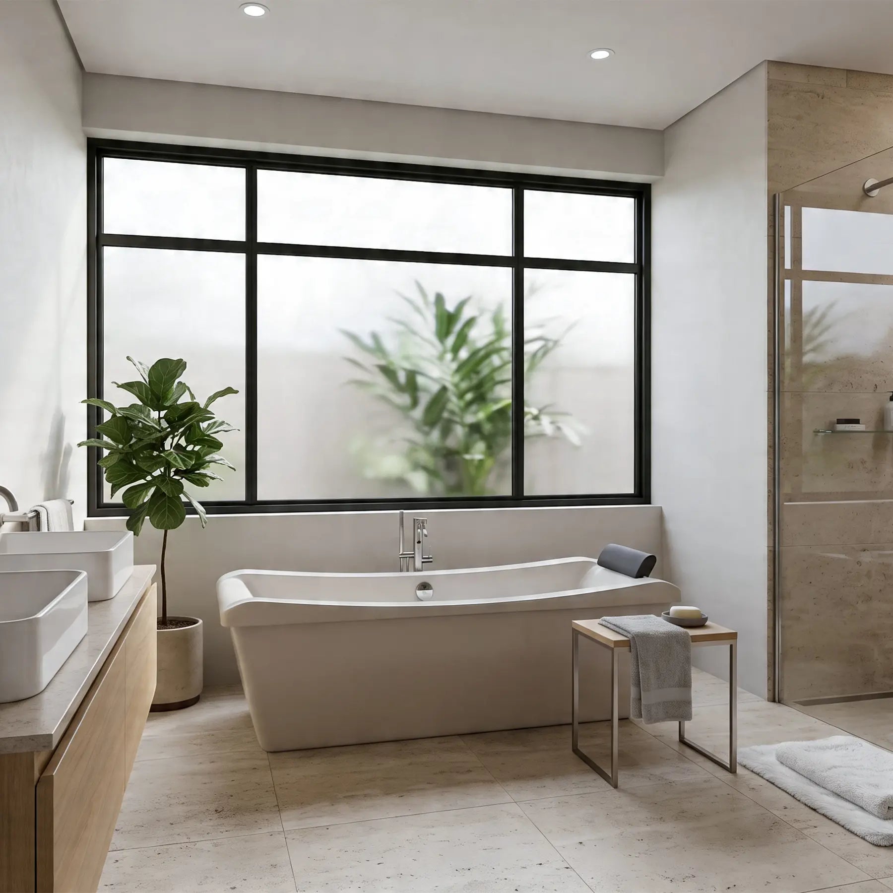 Modern bathroom with a freestanding bathtub, wooden vanity, and large window.