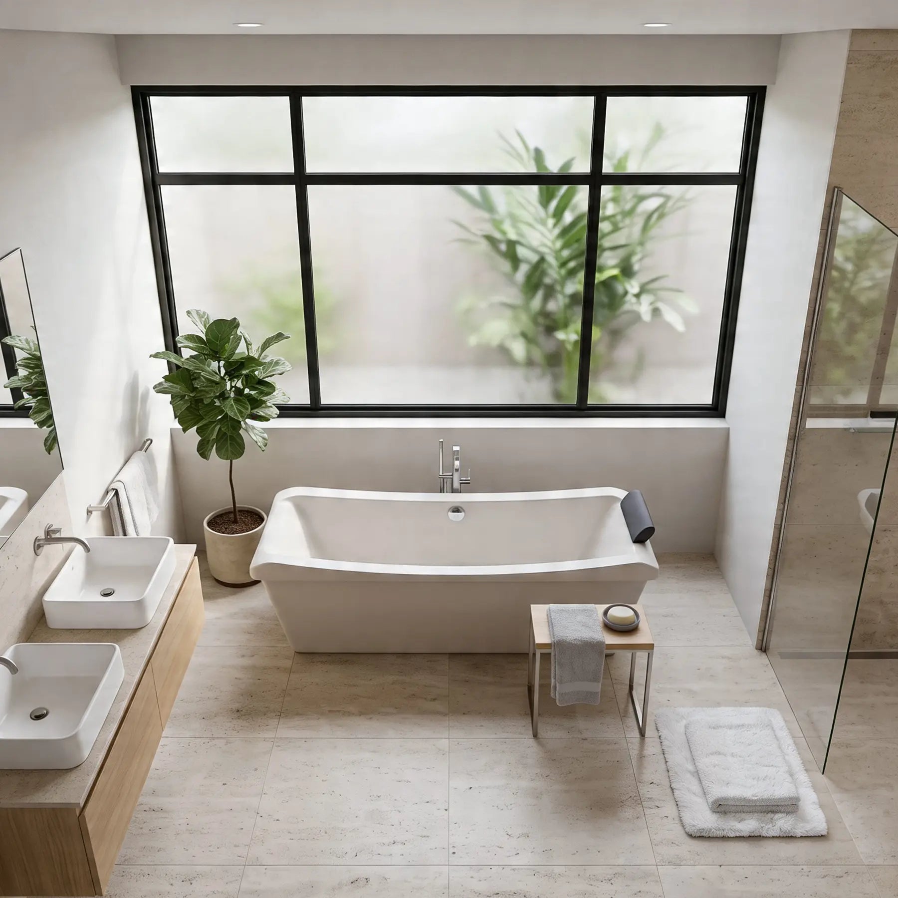 Modern bathroom with a freestanding bathtub, sinks, and a large window.