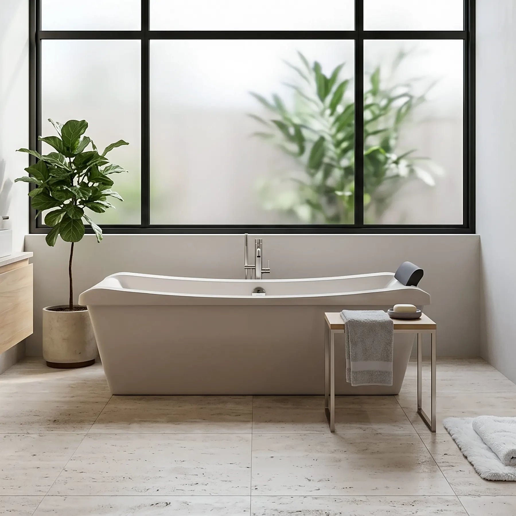 Modern bathroom with a freestanding bathtub, plant, and minimal decor.