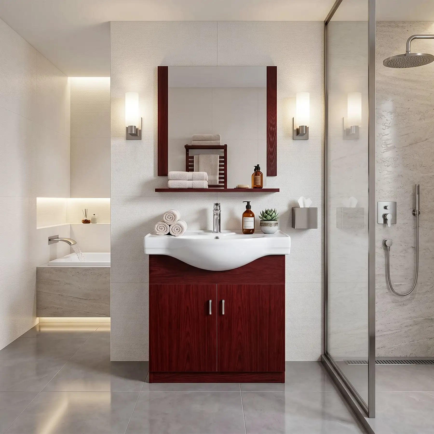 Modern bathroom with red cabinet, sink, and mirror