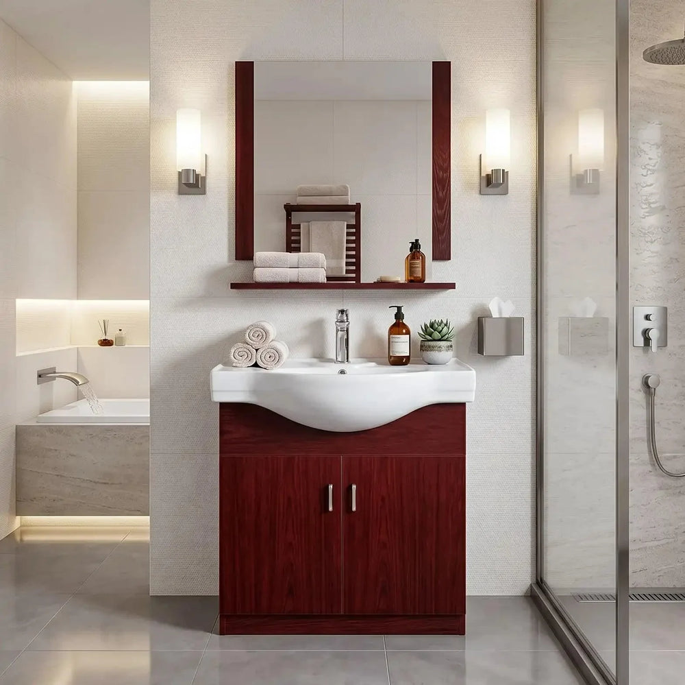Dreamwerks - Vanity - Polina 32" W x 12" D x 39" H Vanity in Cherry Woodgrain with Porcelain Top- TR-4176