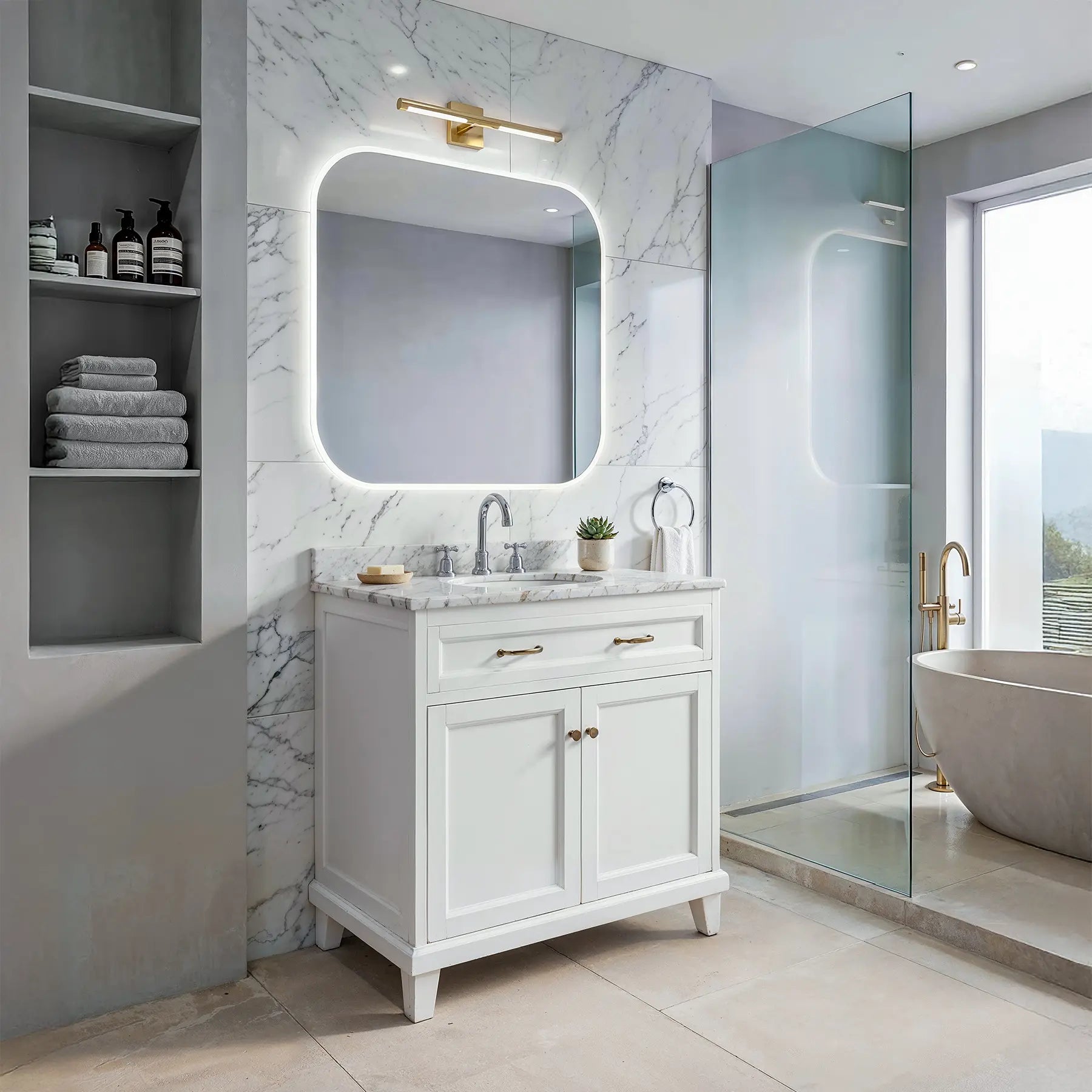 Bathroom with white vanity, marble countertop, and shower area.