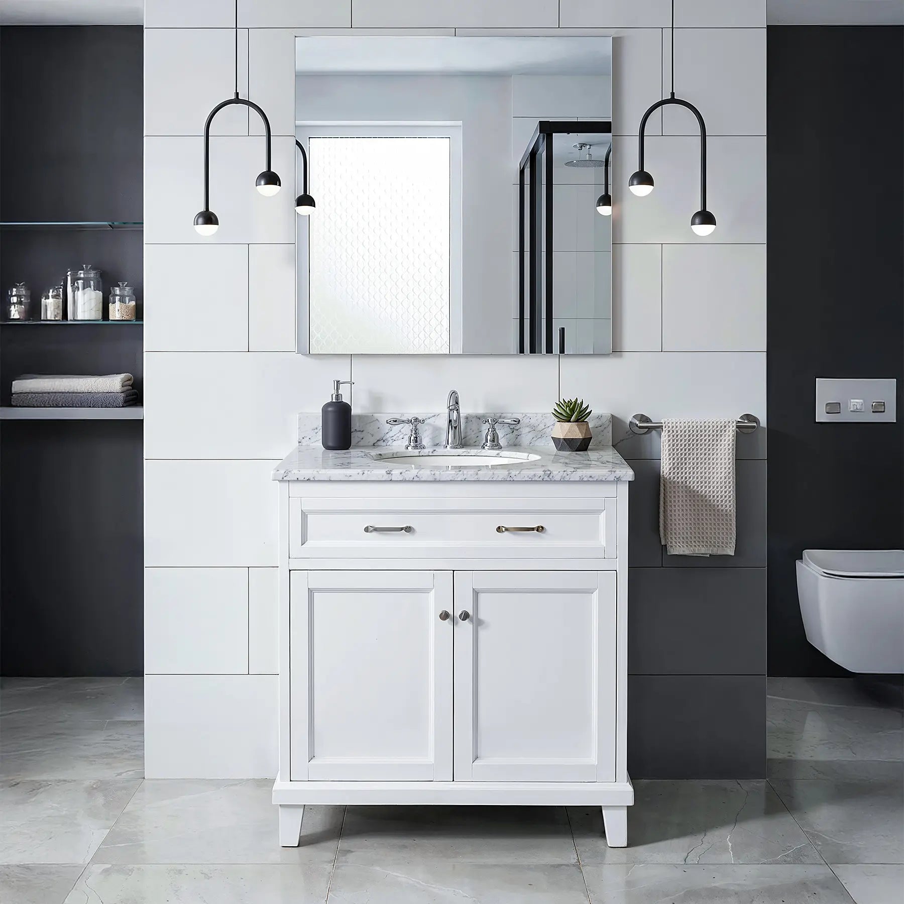Bathroom with white vanity, mirror, and lighting fixtures.