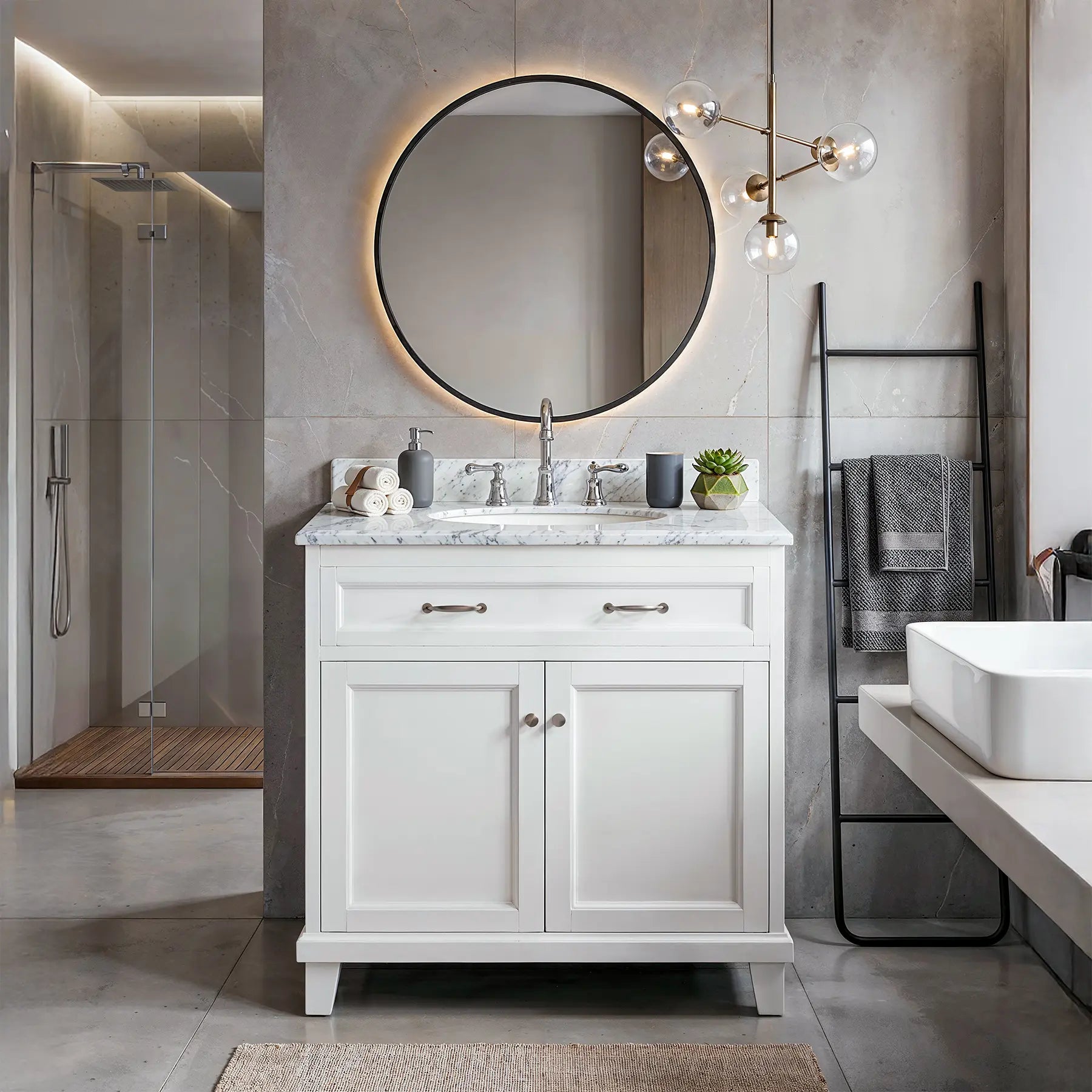 Modern bathroom with white vanity, round mirror, and shower in the background