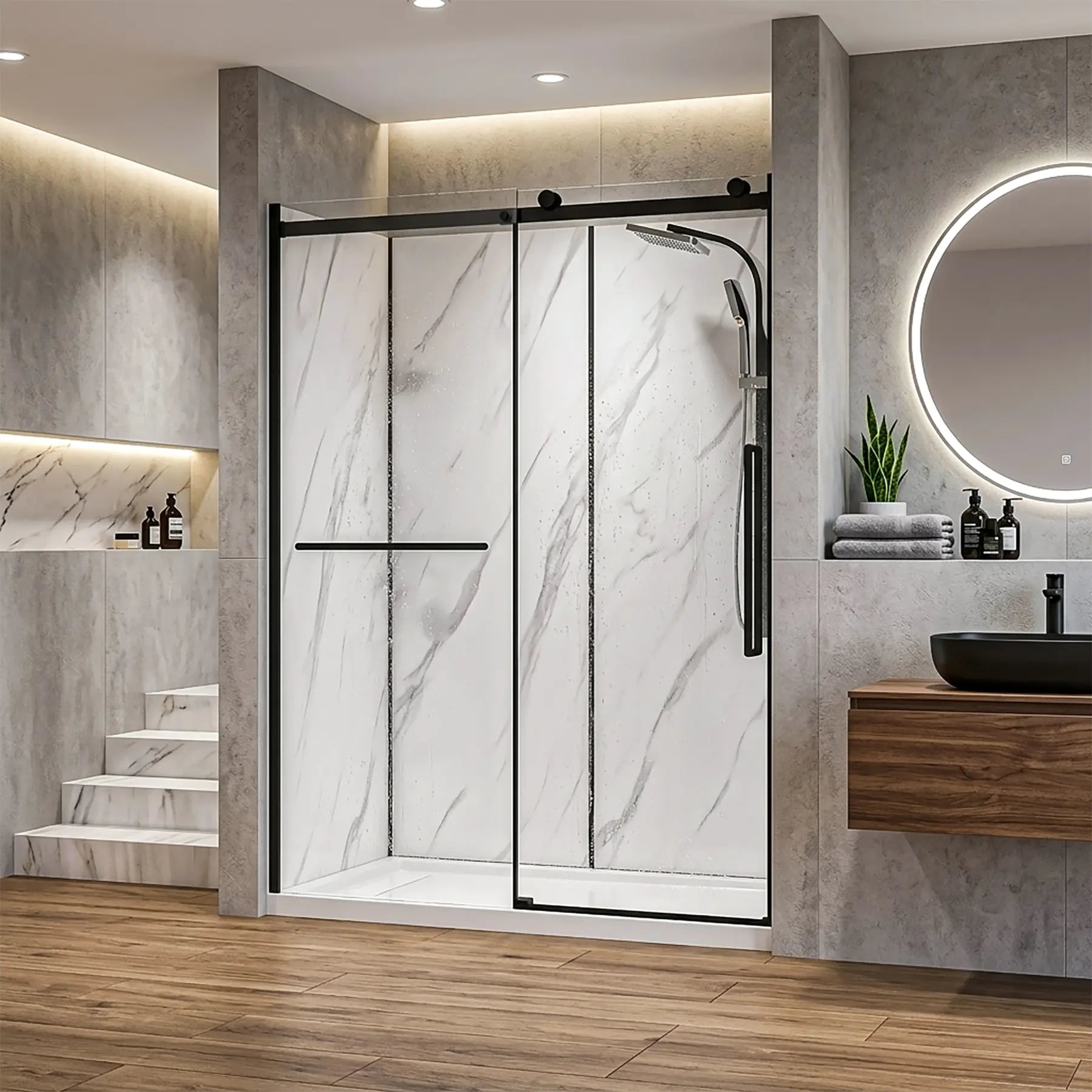 A full view of the Dreamwerks alcove shower kit model DK1156B-MB, featuring a clear glass sliding door, matte black frame and hardware, and smooth white textured shower wall panels.