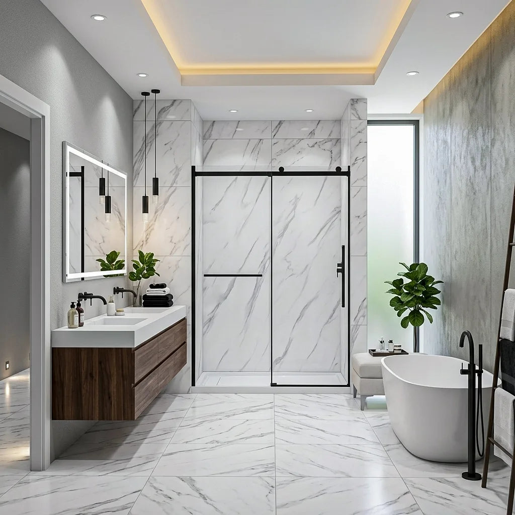 Alexandria 60 in. W x 32 in. D x 78.6 in. H Alcove Rectangular Black Shower Kit