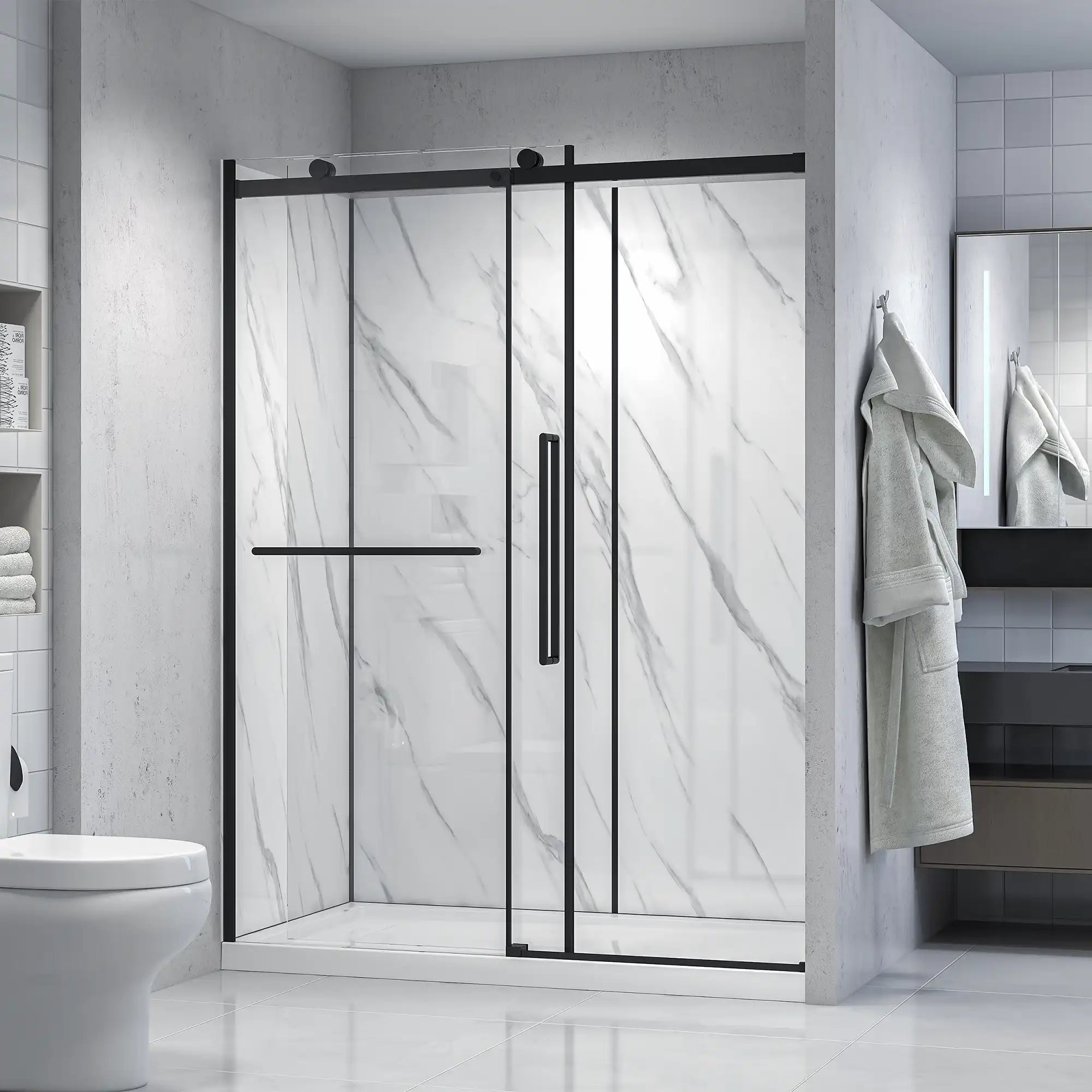 A modern Dreamwerks 60 in. alcove shower kit with a frameless glass door and matte black hardware, including a full shower system with a rain head and hand shower. The shower walls are white with a textured horizontal pattern, and the floor is a grey stone tile.