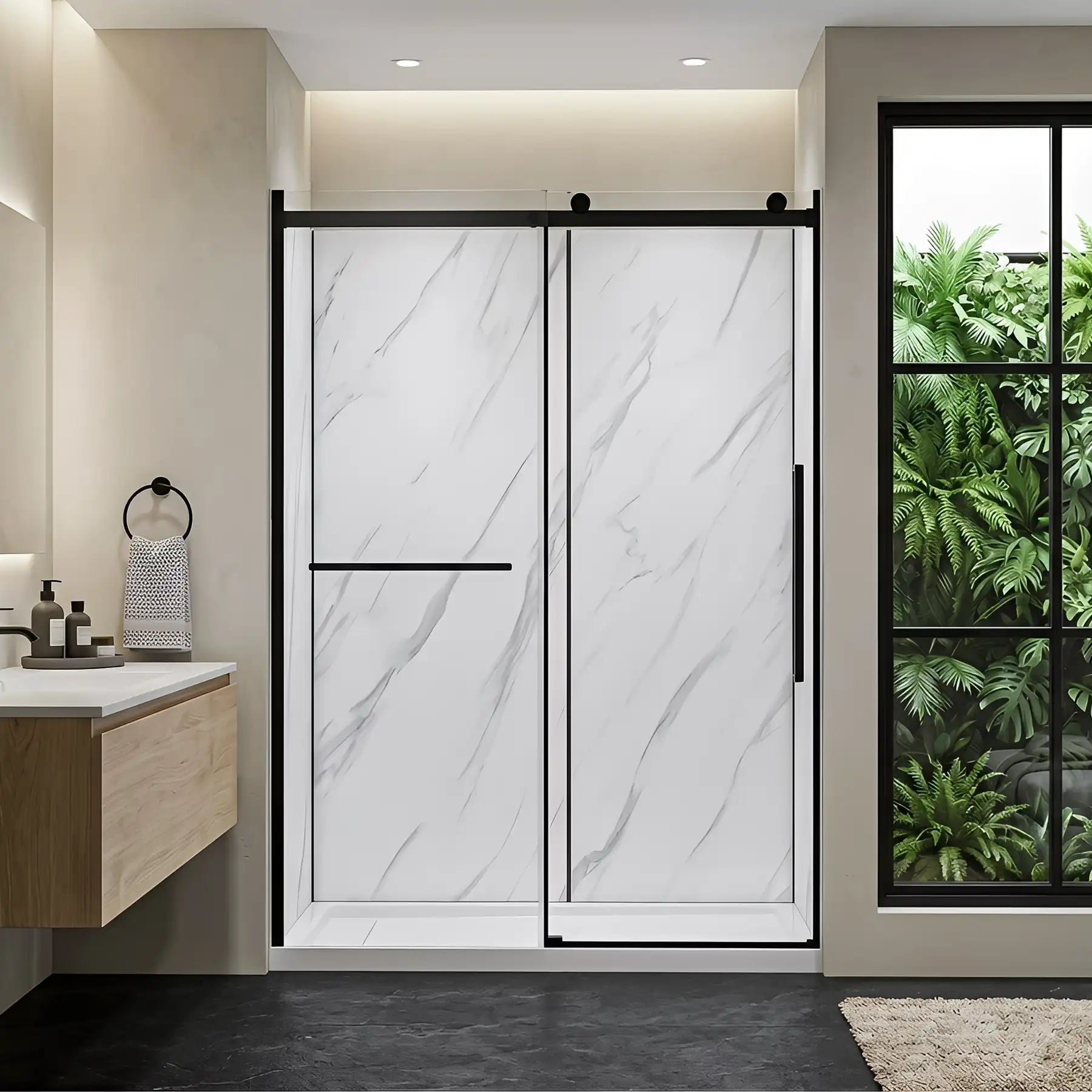 Modern bathroom with a shower enclosure, sink, and window view of greenery.