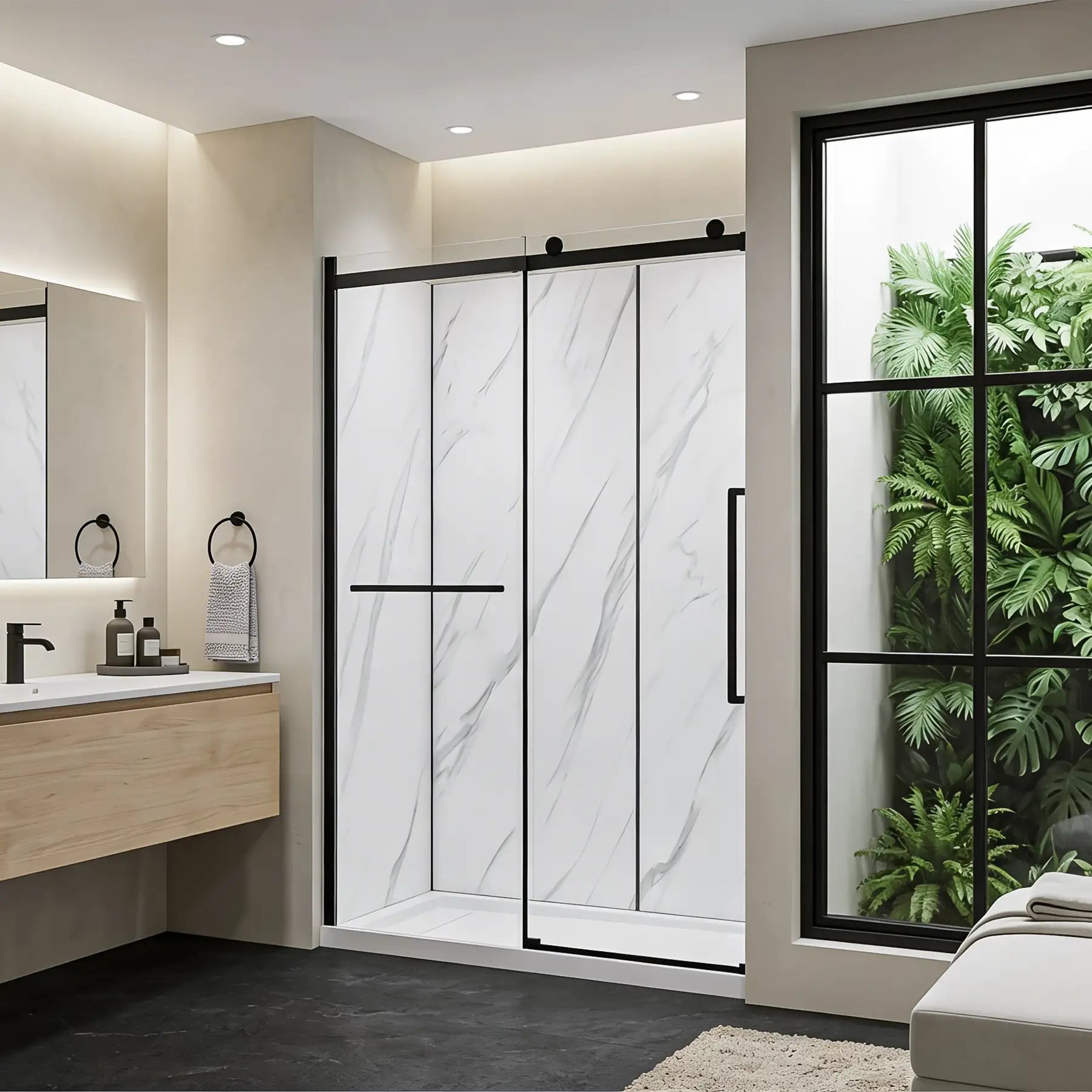 Modern bathroom with a shower enclosure, sink, and large window with plants.