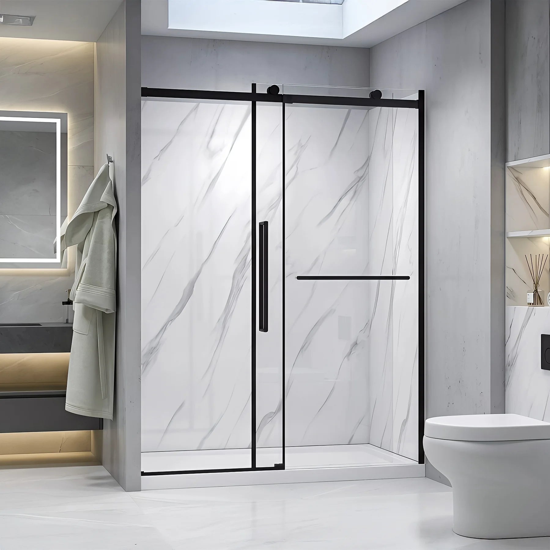 Alexandria 60 in. W x 32 in. D x 78.6 in. H Alcove Rectangular Black Shower Kit