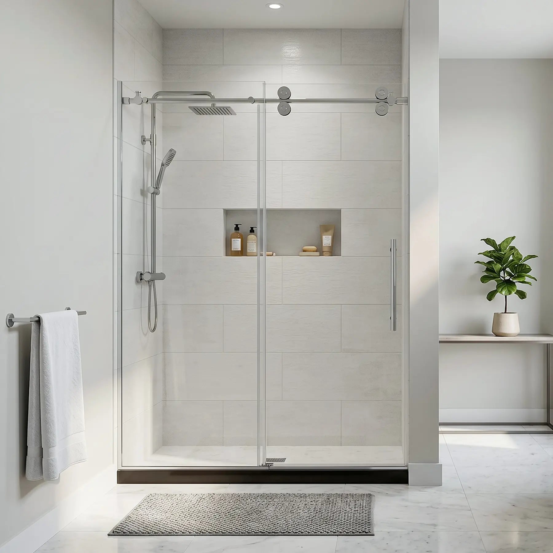 Modern shower enclosure in a bathroom with tiled walls and a plant.